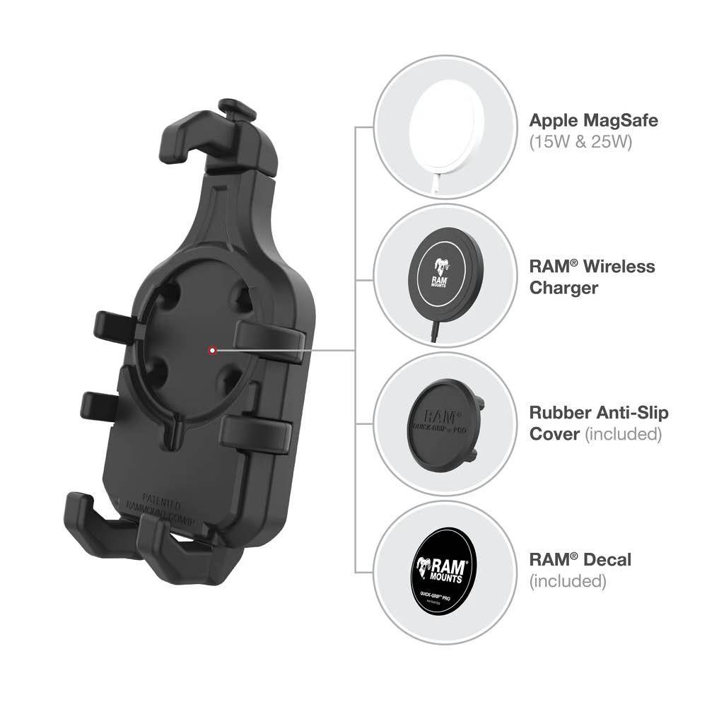 RAM Mounts Quick-Grip™ Pro Universal Halteschale für Smartphones mit Vibrationsdämpfung inkl. Trapez-Basisplatte - B-Kugel (1 Zoll), MagSafe kompatibel