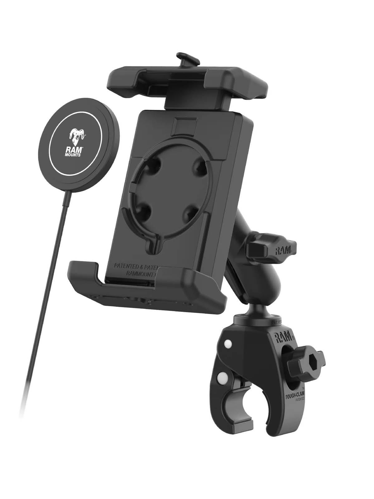 RAM Mounts Tough-Claw Halterung mit Quick-Grip Pro XL Universal-Halteschale inkl. Qi2 15W Wireless Charger - B-Kugel (1 Zoll), Tough-Claw klein (Durchmesser 15,9-29,0 mm)