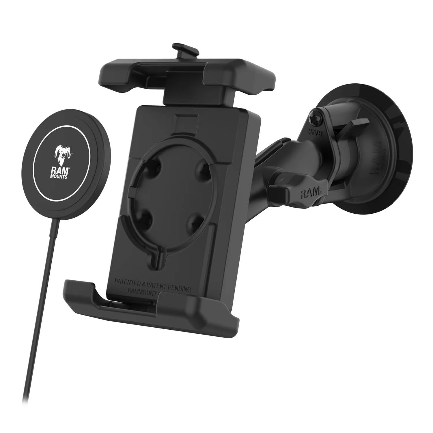 RAM Mounts Quick-Grip Pro XL Saugfußhalterung für Smartphones mit Qi2 Wireless Charger - Bis 88,9 mm Breite - Mag-Safe Kompatible - Trapez-Basiskugel - Mittlerer Verbindungsarm - Saugfuß mit Trapez-Basiskugel - B-Kugel (1 Zoll)