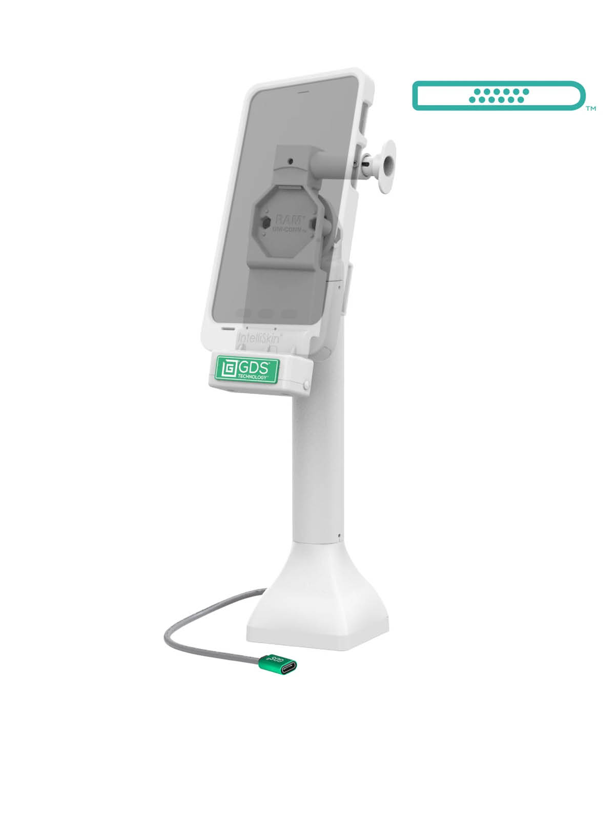 RAM Mounts GDS Uni-Conn Stand-Dockingstation (14 Zoll) mit Lösevorrichtung - Dreh-& Schwenkbar - USB-C-Anschluss - Pogo-Pads unten - hellgrau