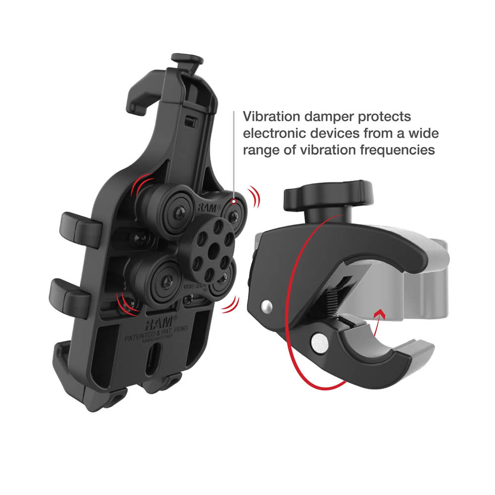 RAM Mounts Quick-Grip Pro Klemm-Halterung für Smartphones - Mit Vibrationsdämpfung - Bis 95,25 mm Breite - Mag-Safe Kompatible - Tough-Claw Klein (Durchmesser 15,87 mm bis 28,95 mm) - Schrauben-Set