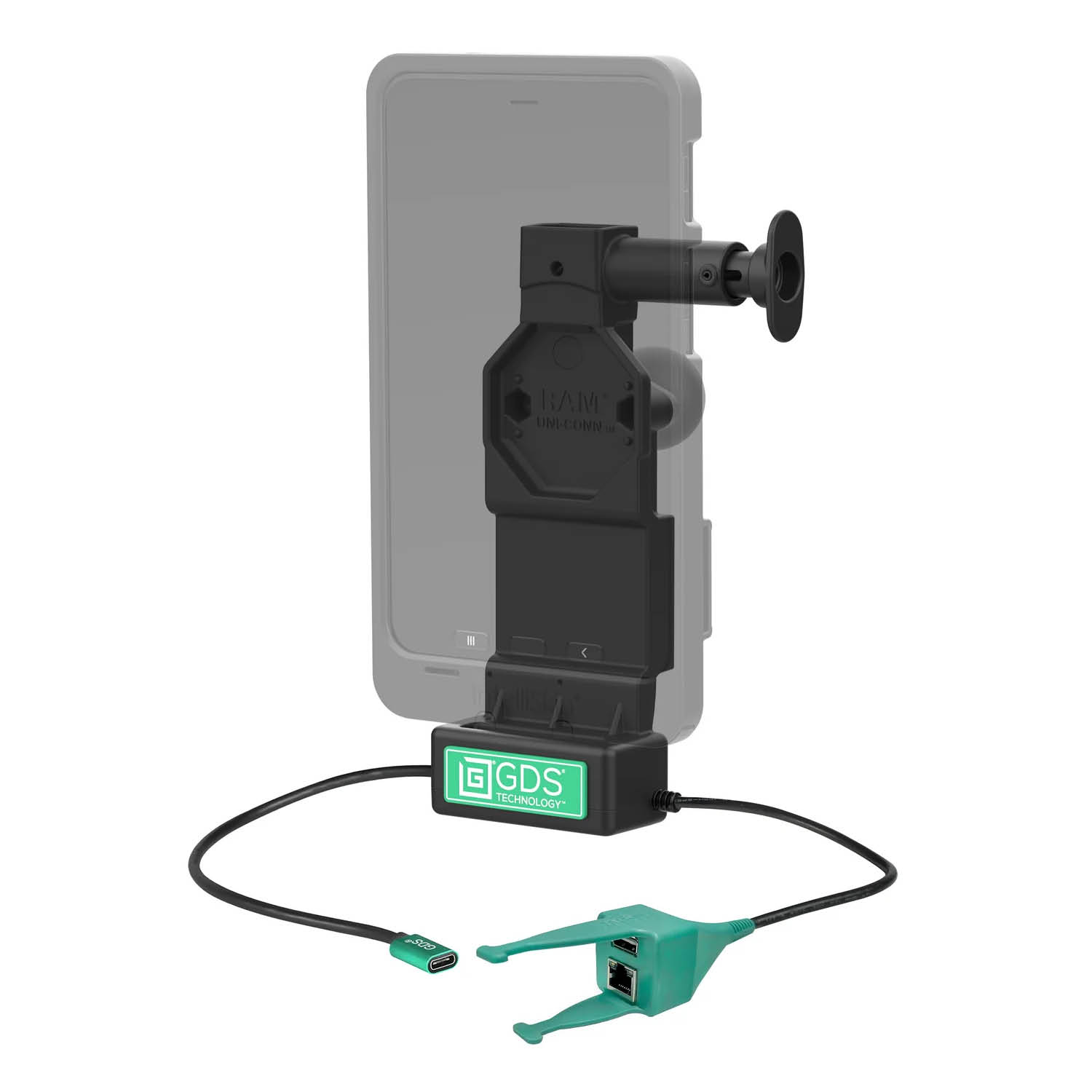 RAM Mounts GDS Uni-Conn Ladedock mit Entriegelungsknopf - 2-Loch AMPS - USB-C & USB-A/RJ45-Anschluss - Schrauben-Set