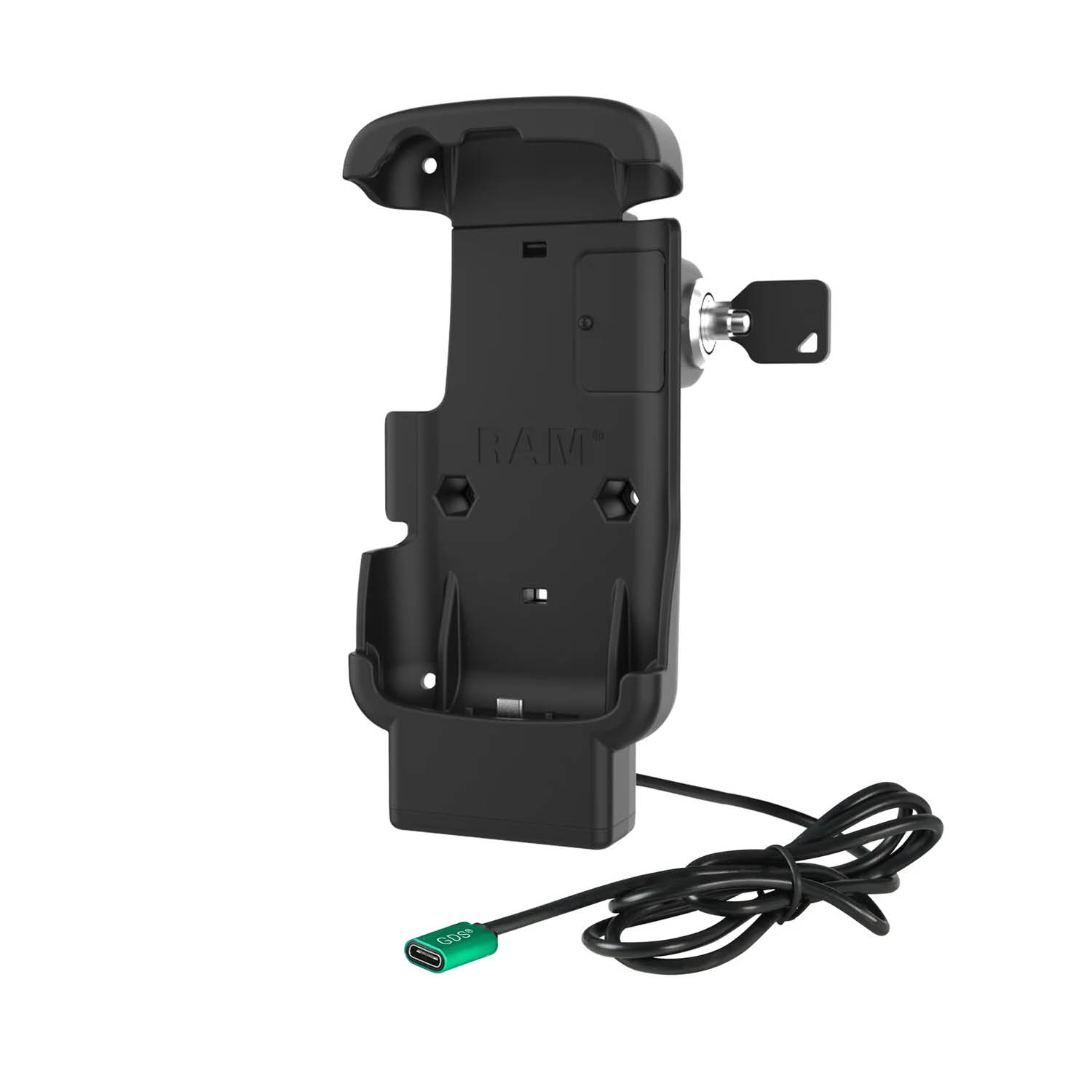 RAM Mounts Form-Fit Holder (Key-Locking) for Zebra TC22 & TC27 with scanner cutout - In Rugged Boot - USB-C Power Supply - 2 Hole Pattern AMPS