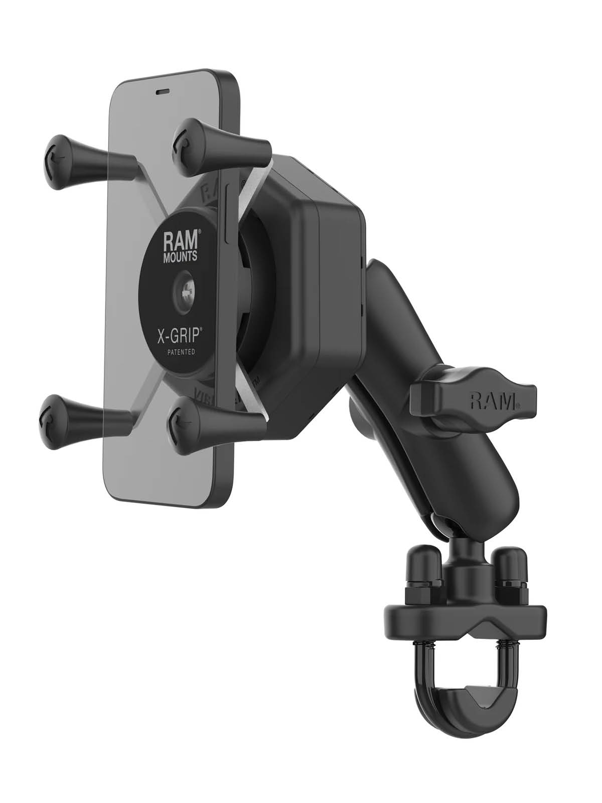 RAM Mounts X-Grip Lenker-/Rohr-Halterung für Smartphones bis 82,6 mm Breite mit Vibe-Safe Adapter - B-Kugel (1 Zoll), Rohr-Klemme, mittlerer Verbindungsarm