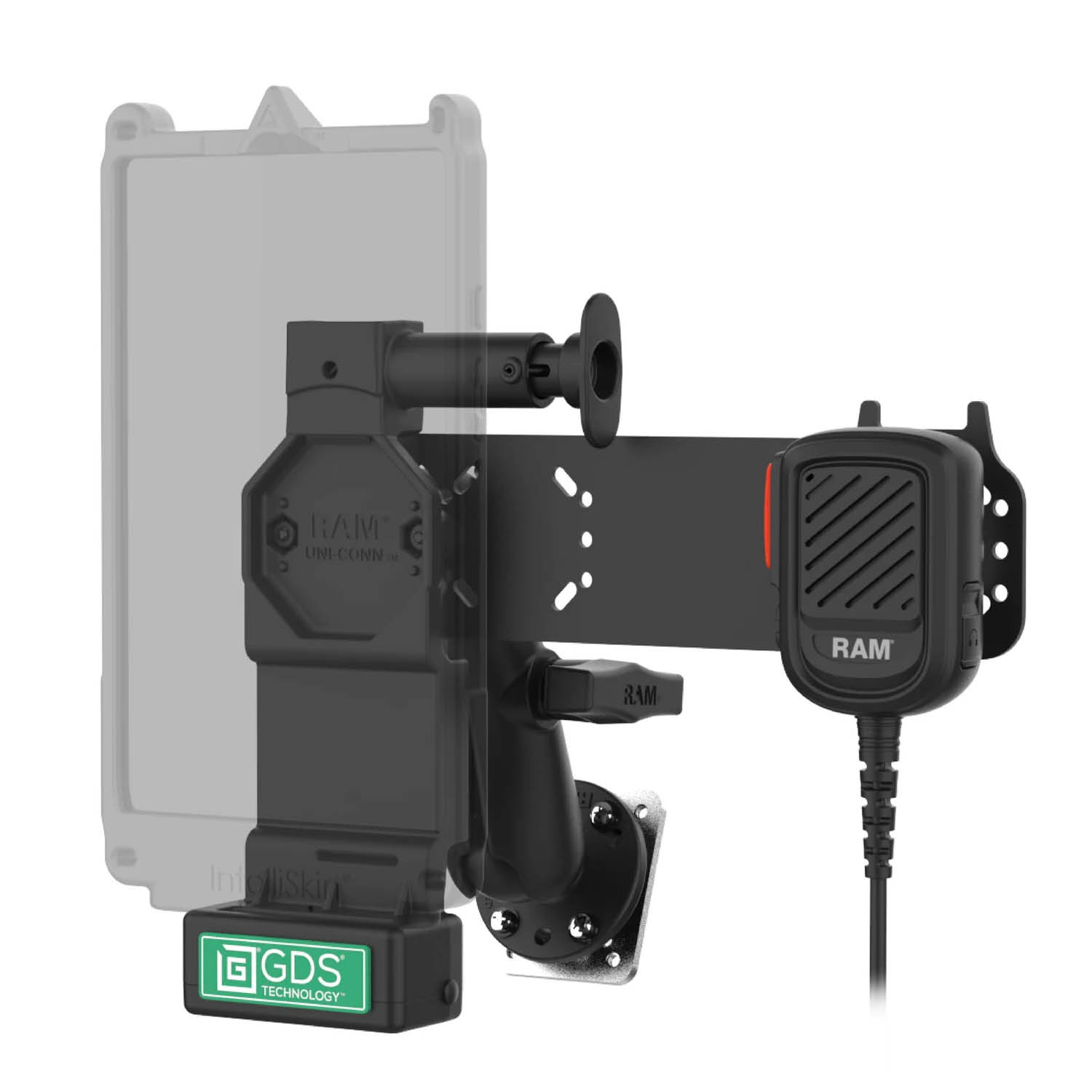 RAM Mounts GDS® Uni-Conn™ Fahrzeughalterung inkl. PTT Mikrofon mit Lautsprecher für Kodiak - C-Kugel (1,5 Zoll), 4-Loch AMPS
