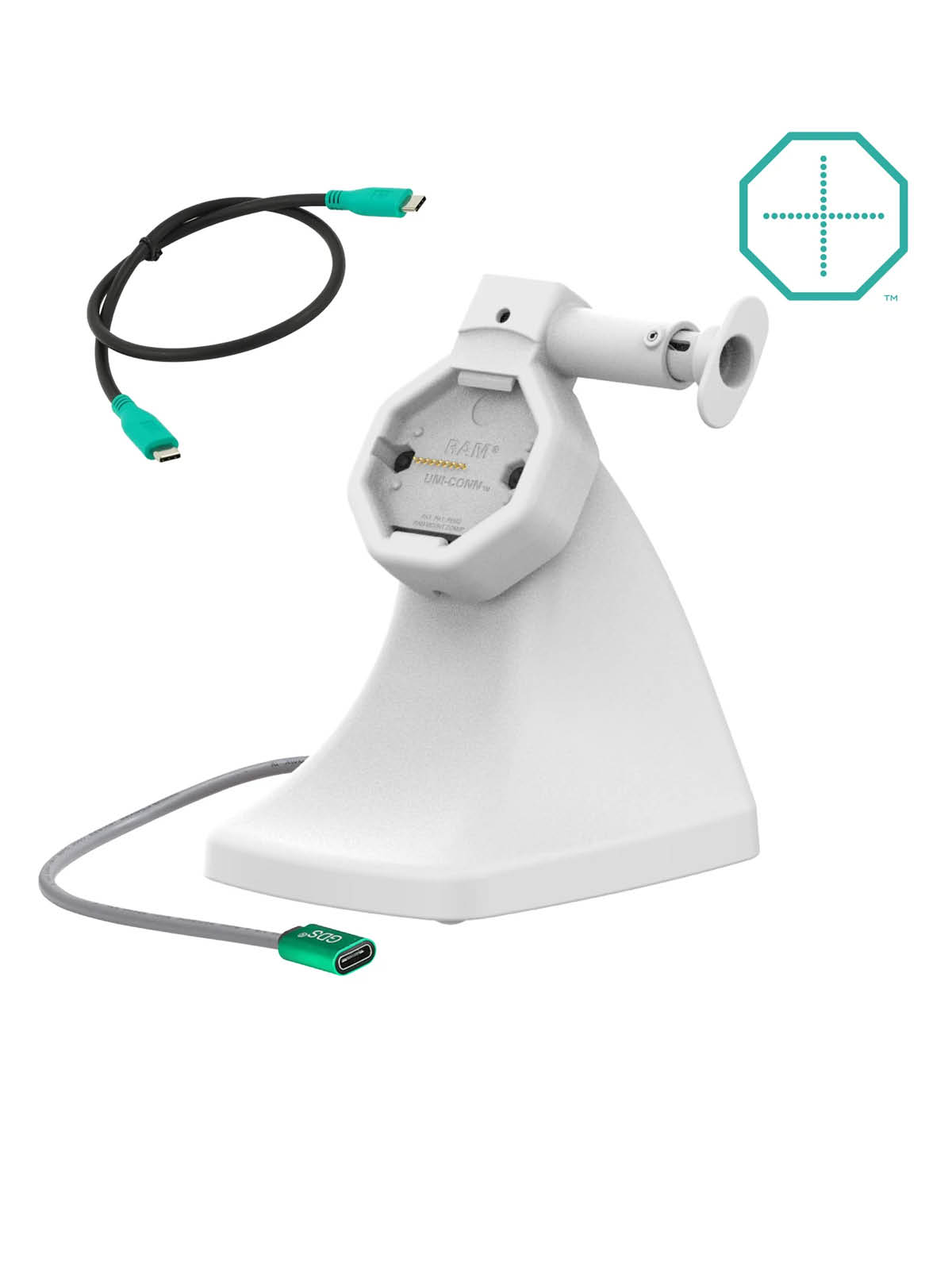 RAM Mounts GDS Uni-Conn Snap-In Stand-Dockingstation - Rückseitige Pogo-Pins, Lösemechanismus, USB-C - hellgrau