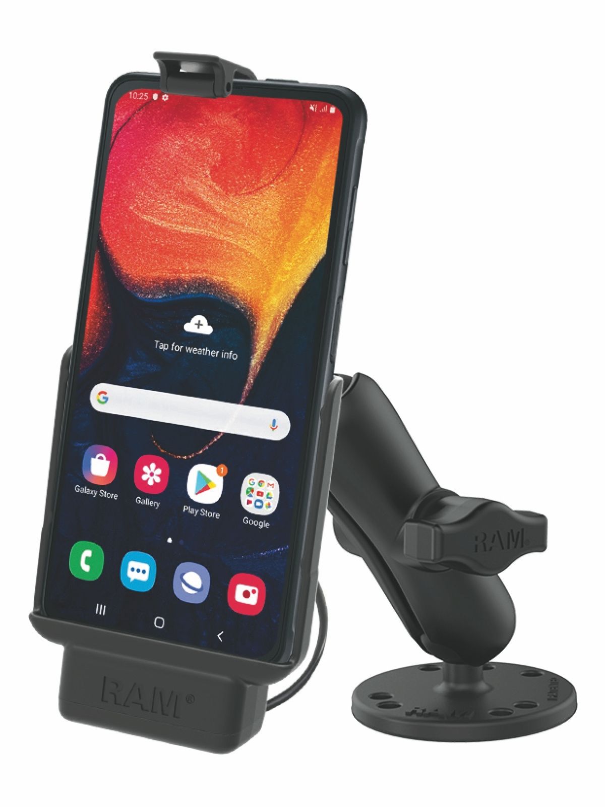 RAM Mounts Aufbau-Halterung Samsung Xcover Pro - B-Kugel (1 Zoll), runde Basisplatte (AMPS), mittlerer Verbindungsarm, Stromanbindung