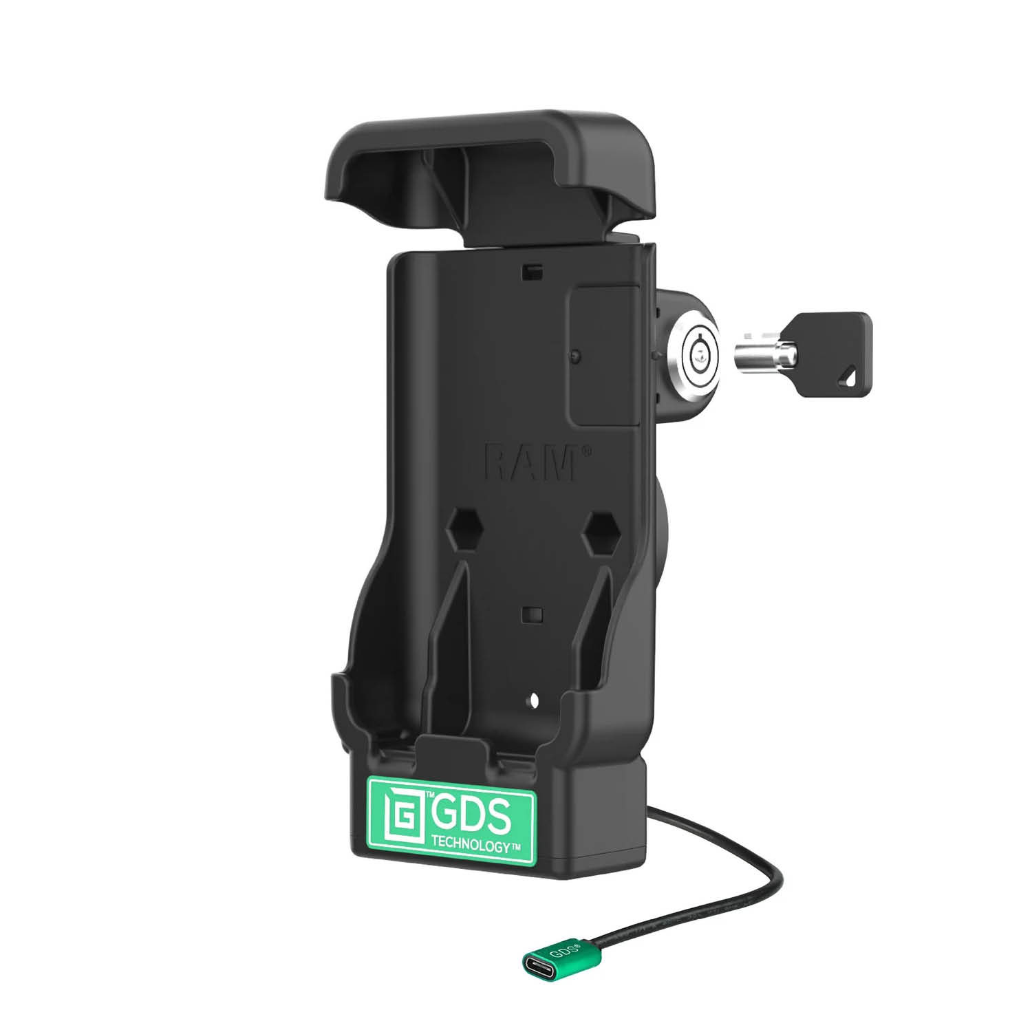 RAM Mounts GDS Fahrzeug-Ladehalteschale (Schlüsselverriegelung) für Zebra EM45 in IntelliSkin Schutzhülle - 2-Loch AMPS - USB-C Anschluss