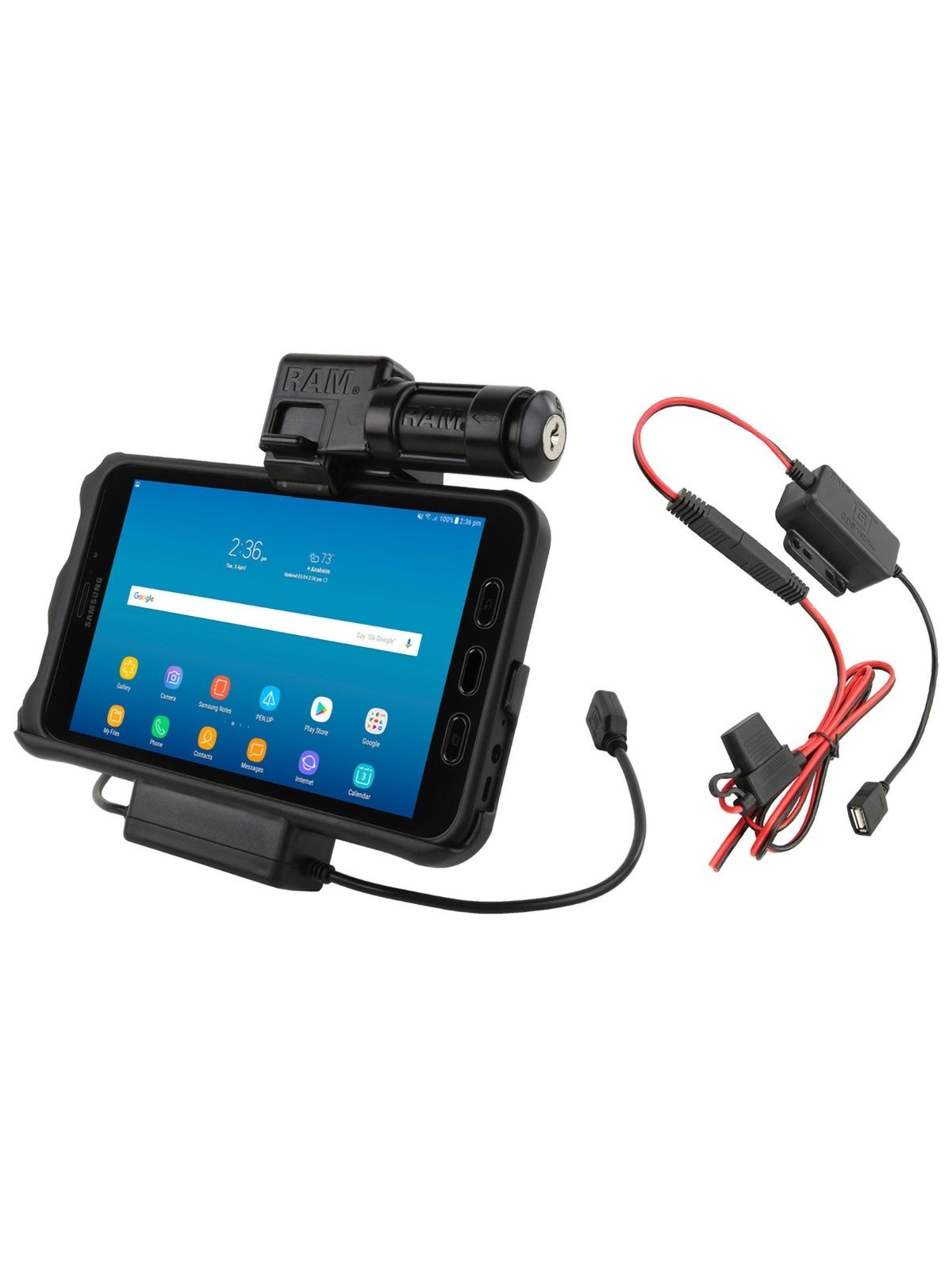 RAM Mounts EZ-Roll'r Form-Fit Ladeschale (Strom/Daten) für Samsung Galaxy Tab Active2 (ohne Schutzhülle) - inkl. offener Verkabelung, abschließbar (Schlüssel), AMPS-Aufnahme