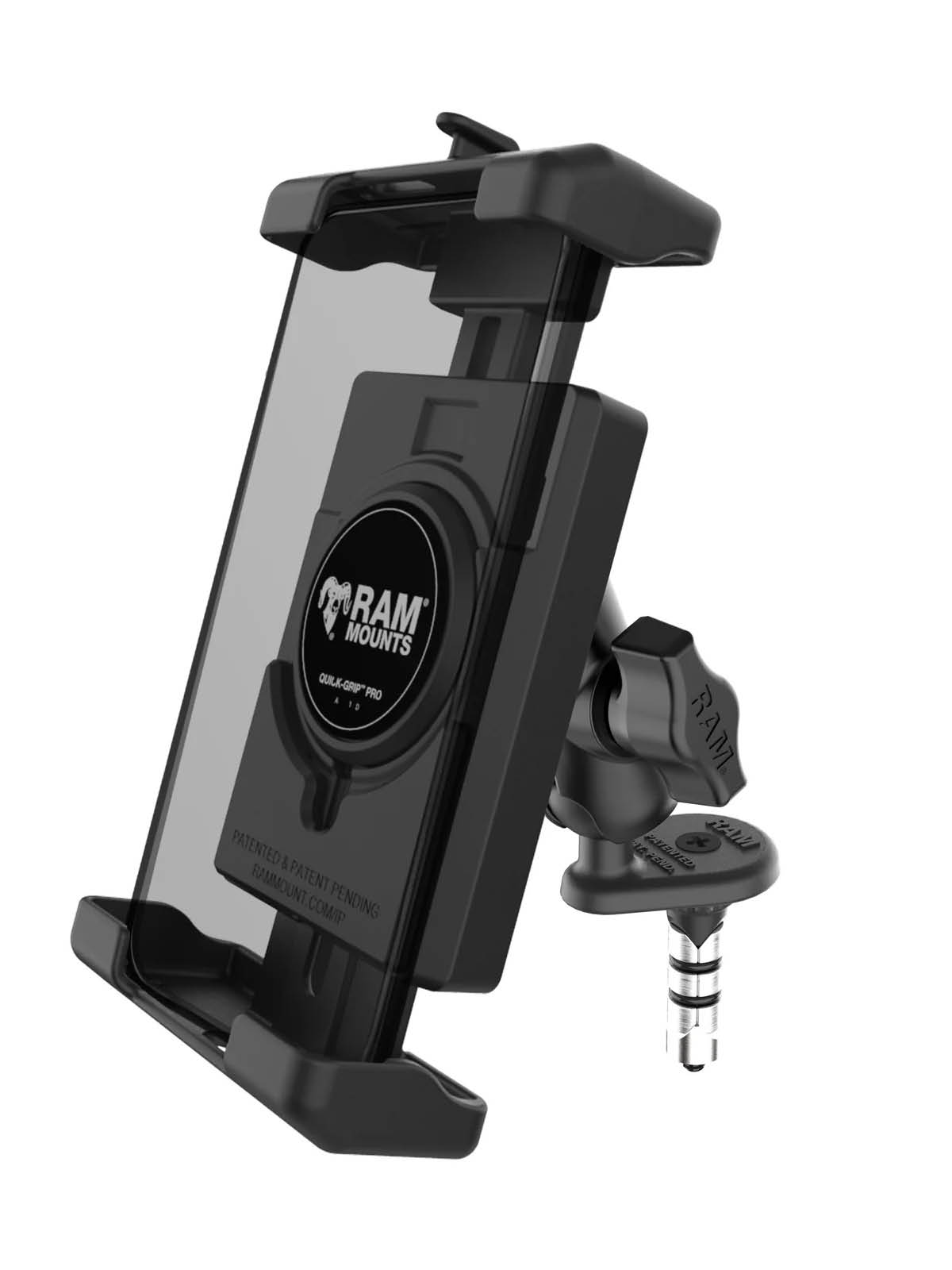 RAM Mounts Quick-Grip Pro XL Motorrad-Set für Lenkkopfhalterung - B-Kugel (1 Zoll), Kurzer Verbindungsarm (ca. 61,46 mm) - Lenkerkopf-Basis (12-18 mm)