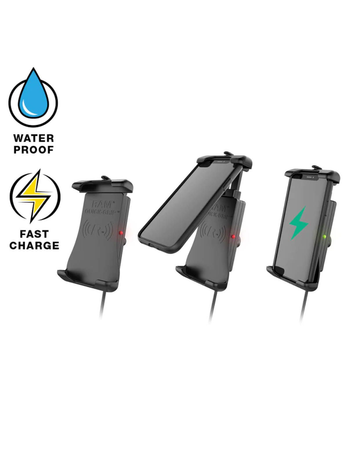 RAM Mounts Quick-Grip Halteschale für Smartphones mit Ladefunktion - B-Kugel (1 Zoll), QI kompatibel, spritzwassergeschützt, USB-A, inkl. Diamond-Basisplatte (Trapez)