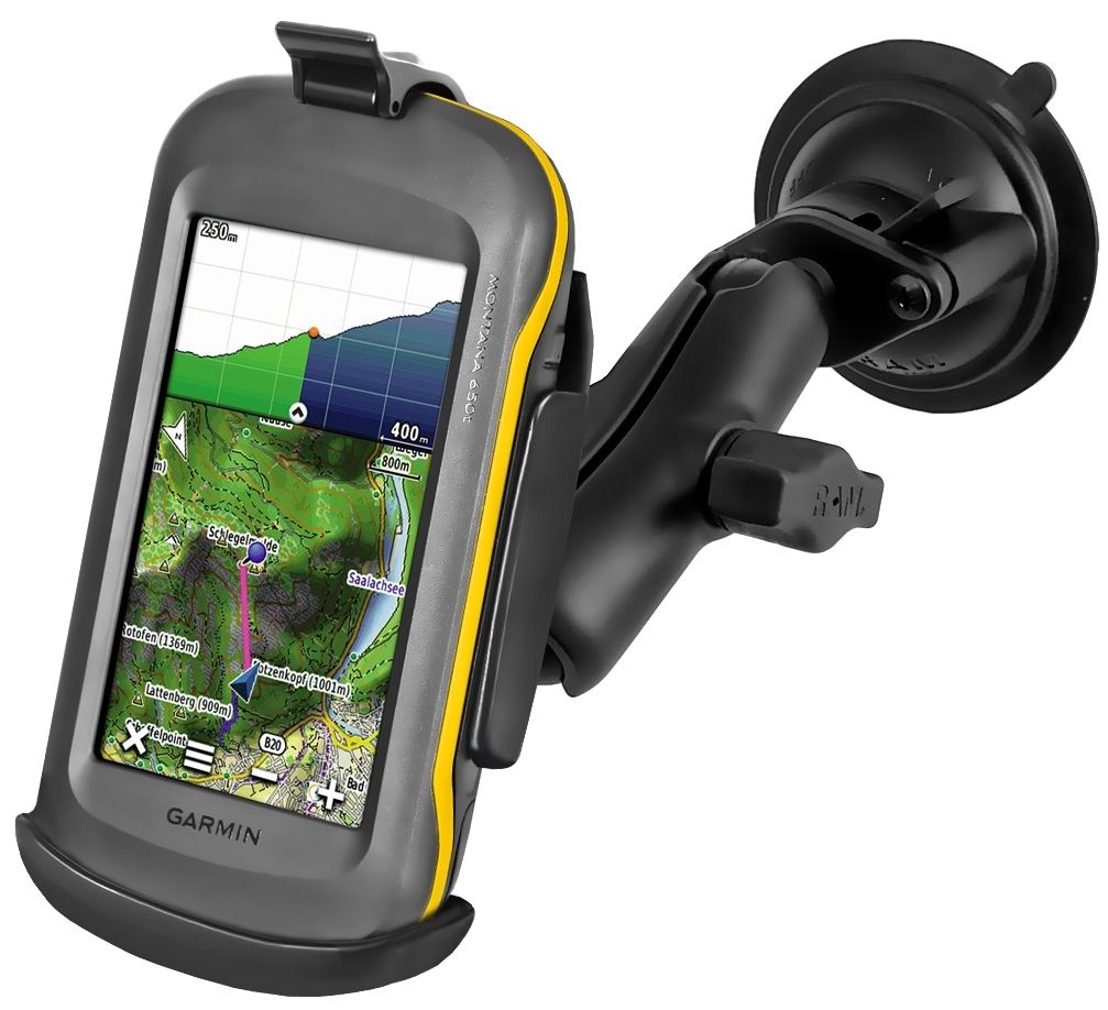 RAM Mounts Verbundstoff Saugfuss-Halterung Garmin Montana Serie - 2x Diamond-Basisplatte (Trapez), mittlerer Verbindungsarm, Halteschale, B-Kugel (1 Zoll)