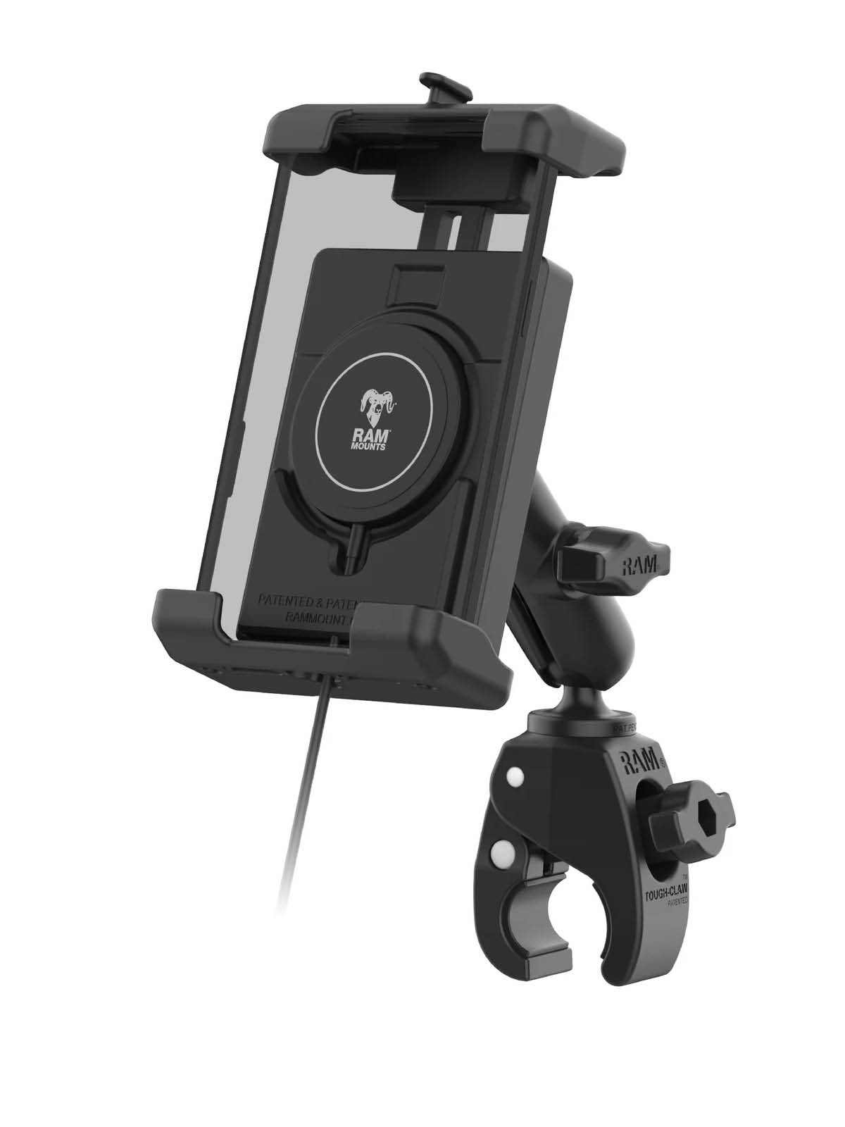 RAM Mounts Tough-Claw Halterung mit Quick-Grip Pro XL Universal-Halteschale inkl. Qi2 15W Wireless Charger - B-Kugel (1 Zoll), Tough-Claw klein (Durchmesser 15,9-29,0 mm)