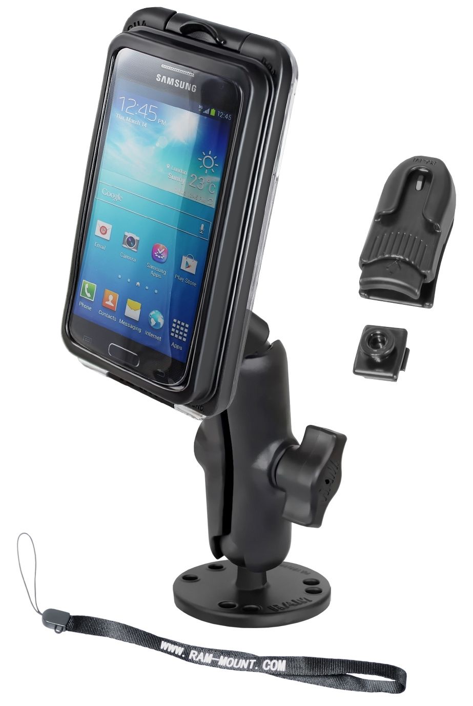 RAM Mounts Aufbauhalterung mit Aqua Box PRO 20 - runde Basisplatte, mittlerer Verbindungsarm, B-Kugel (1 Zoll), Gürtel-Clip, Handschlaufe