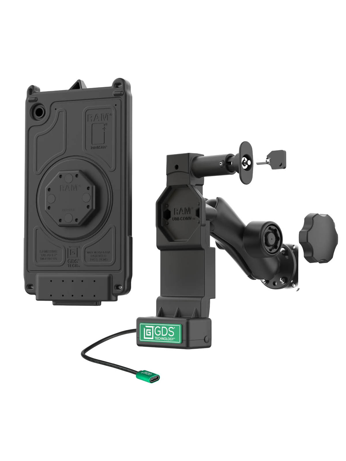 RAM Mounts GDS Uni-Conn™ Fahrzeug-Ladestation (abschließbar) für Samsung Tab A11 in IntelliSkin Schutzhülle - C-Kugel (1,5 Zoll) - USB-C Anschluss