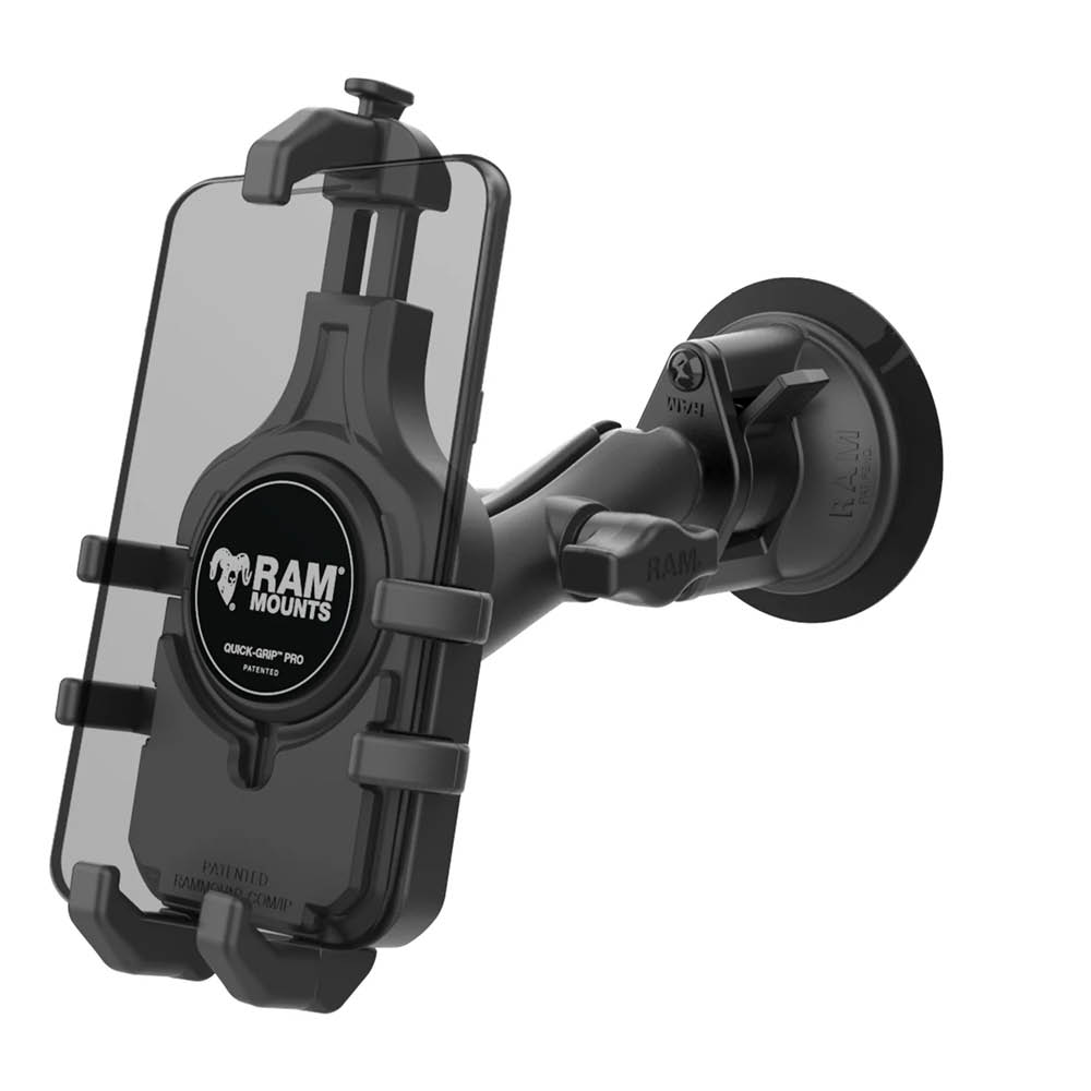 RAM Mounts Quick-Grip Pro Universal Saugfuss-Halterung für Smartphones - B-Kugel (1 Zoll), mittlerer Verbindungsarm, MagSafe kompatibel