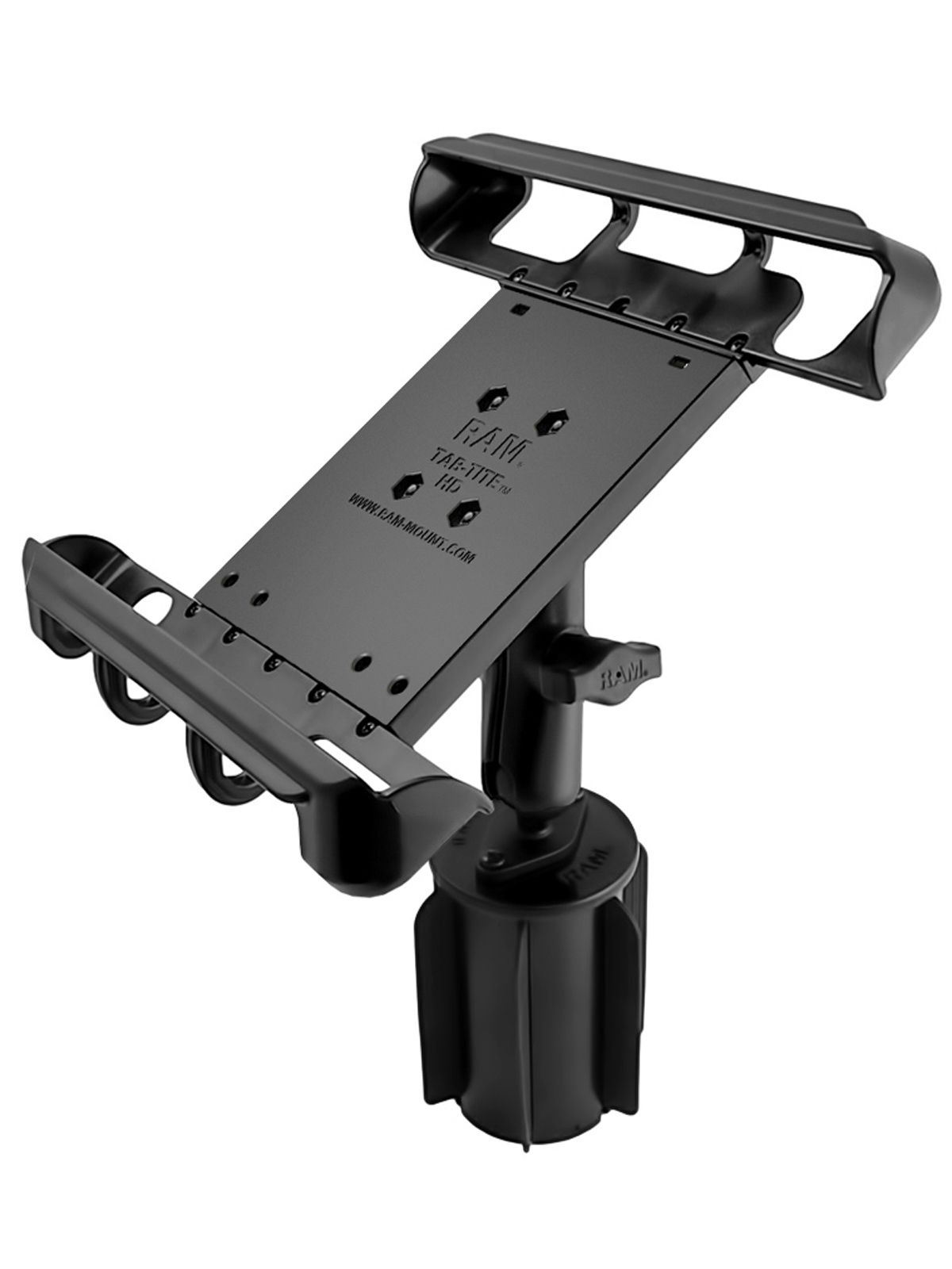 RAM Mounts RAM-A-CAN II Universal-Halterung für Tablets (10 Zoll) - für Fahrzeug-Getränkehalter, Basis mit Gummilippen, mittlerer Verbindungsarm, Halteschale, B-Kugel (1 Zoll)