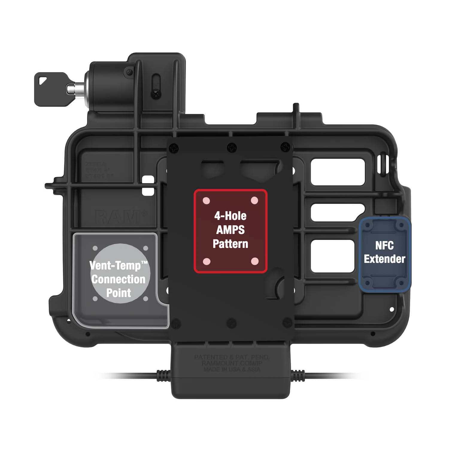 RAM Mounts GDS Thin-Dock Halteschale (Schlüsselverriegelung) für Zebra ET401 & ET4x (8 Zoll) Tablets in IntelliSkin Ladeschutzhülle - USB-C & Dual USB-A-Anschluss