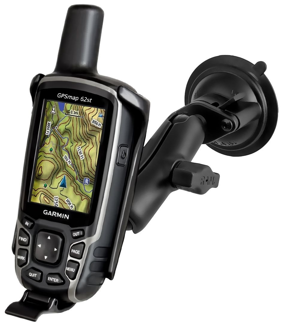 RAM Mounts Verbundstoff Saugfuss-Halterung Garmin GPSMAP 62/64 - 2x Diamond-Basisplatte (Trapez), mittlerer Verbindungsarm, Halteschale, B-Kugel (1 Zoll)