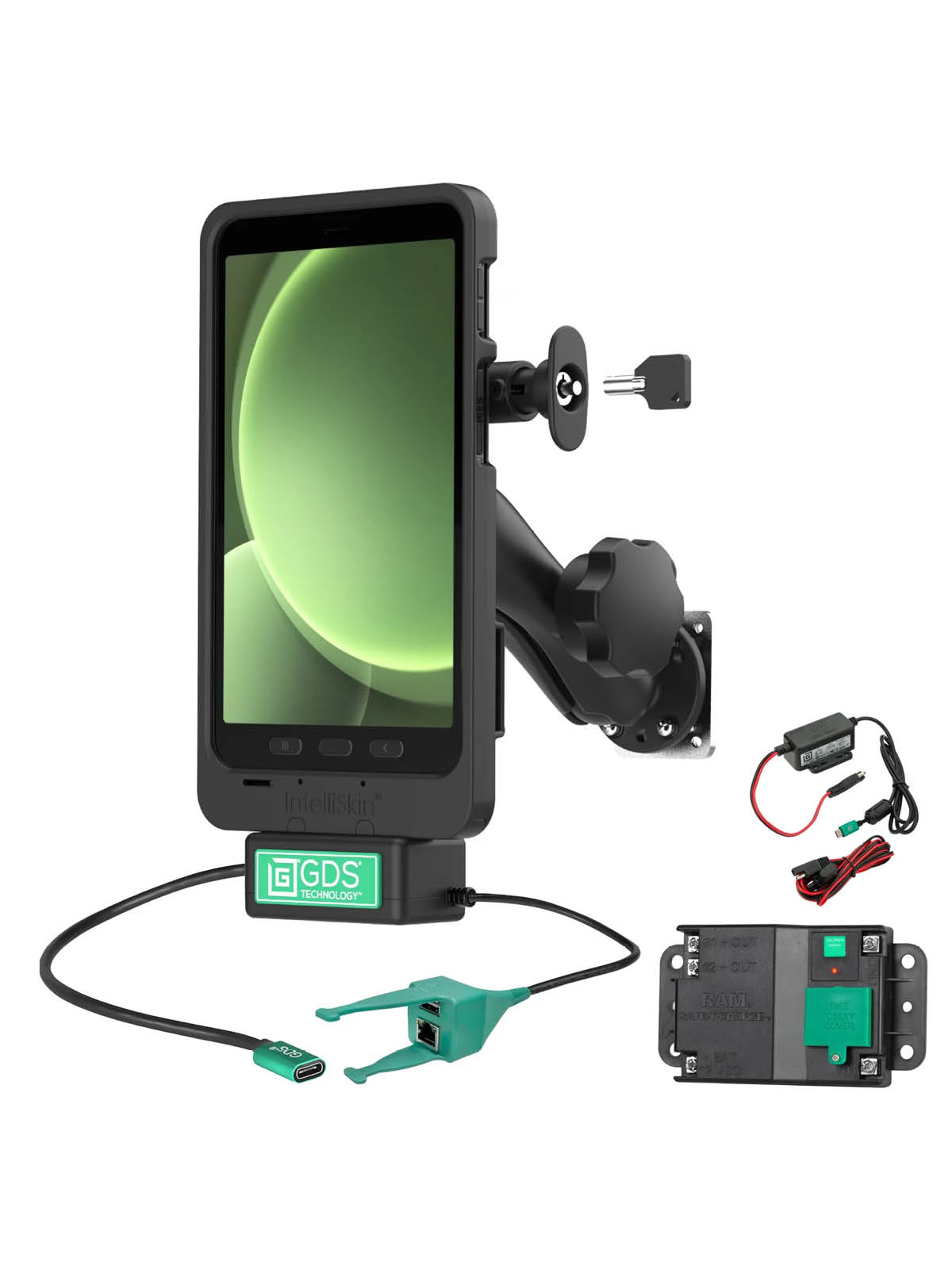 RAM Mounts GDS Uni-Conn™ Thin-Case™ Fahrzeug-Halterung für Samsung Tab Active5 - C-Kugel (1,5 Zoll), abschließbar, inkl. Hardwire Charger & Batterie-Schutz