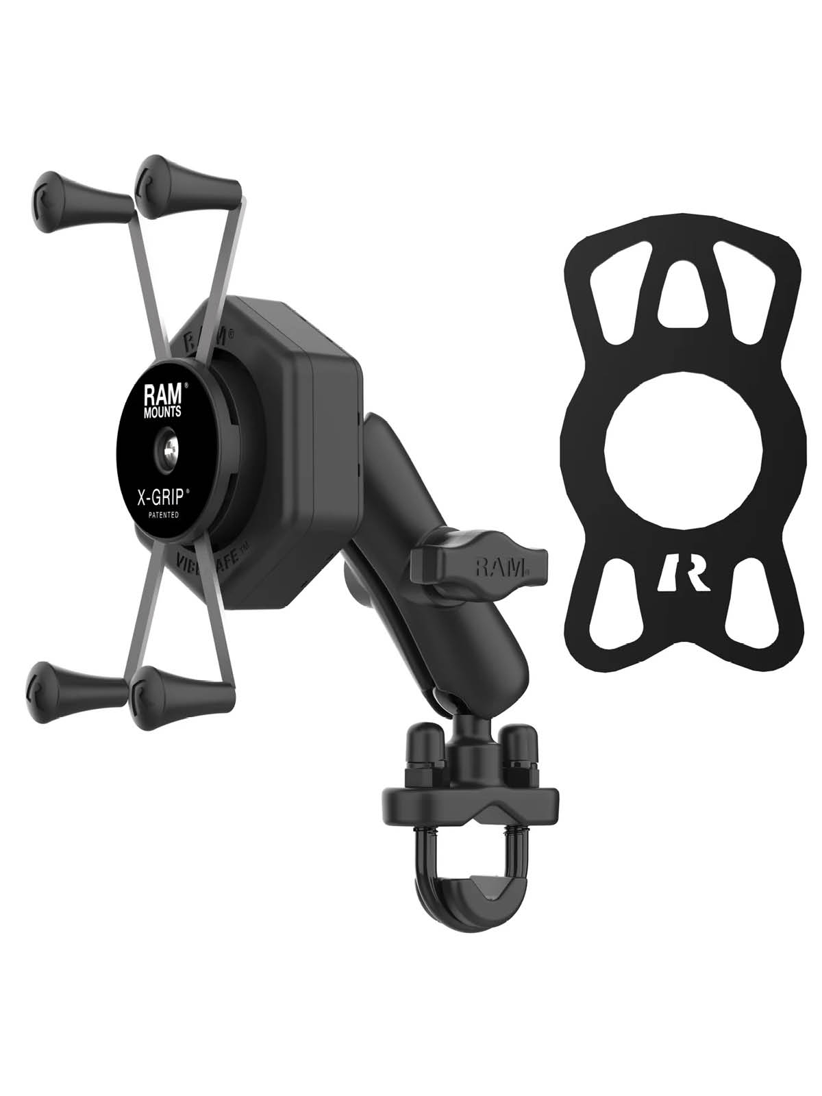 RAM Mounts X-Grip Lenker-/Rohr-Halterung für Smartphones bis 114,3 mm Breite mit Vibe-Safe Adapter - B-Kugel (1 Zoll), Rohr-Klemme, mittlerer Verbindungsarm