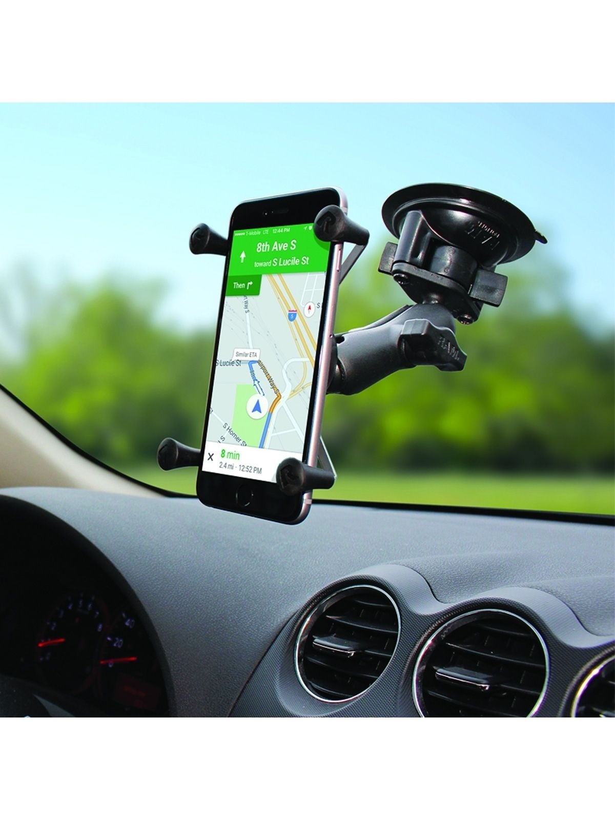 RAM Mounts X-Grip Saugfuß-Halterung für Smartphones - Bis 82,55 mm Breite - Mittlerer Verbindungsarm - Saugfuß mit Trapez-Basiskugel - B-Kugel (1 Zoll) - Schrauben-Set