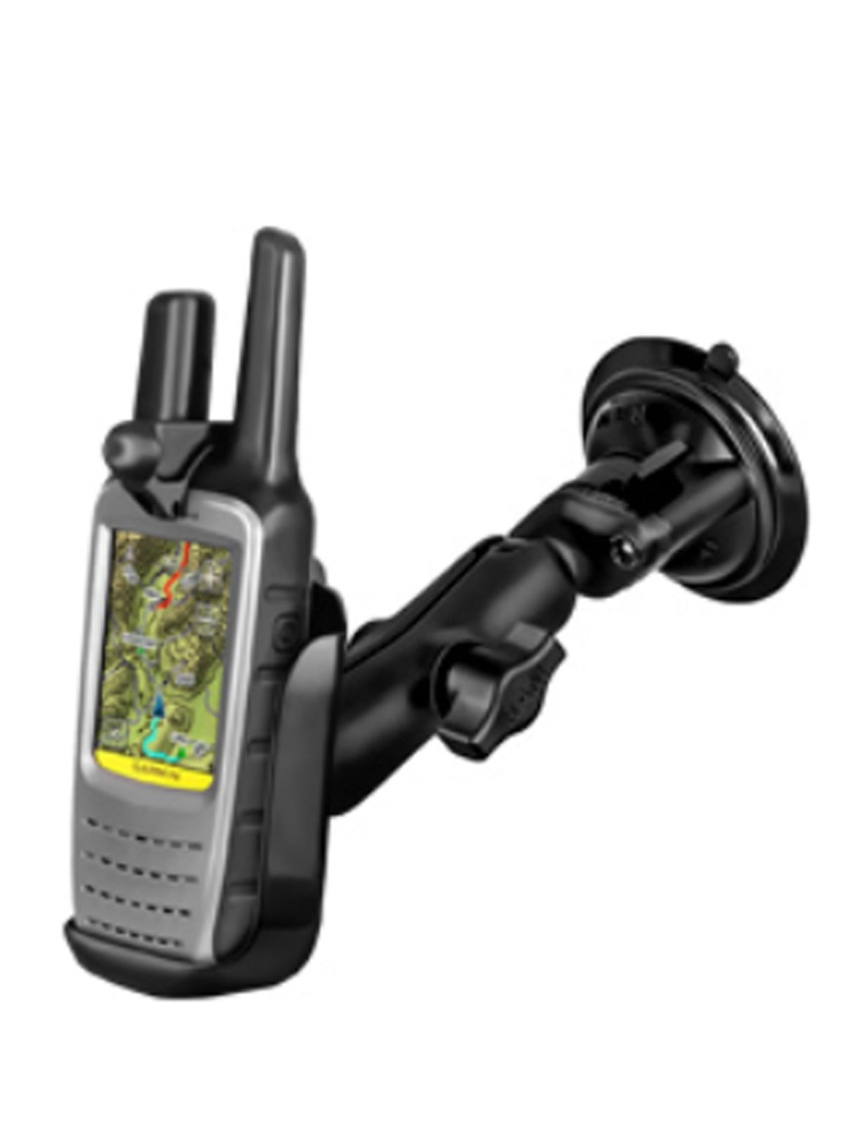 RAM Mounts Verbundstoff Saugfuss-Halterung Garmin Rino 610 - 2x Diamond-Basisplatte (Trapez), mittlerer Verbindungsarm, Halteschale, B-Kugel (1 Zoll)