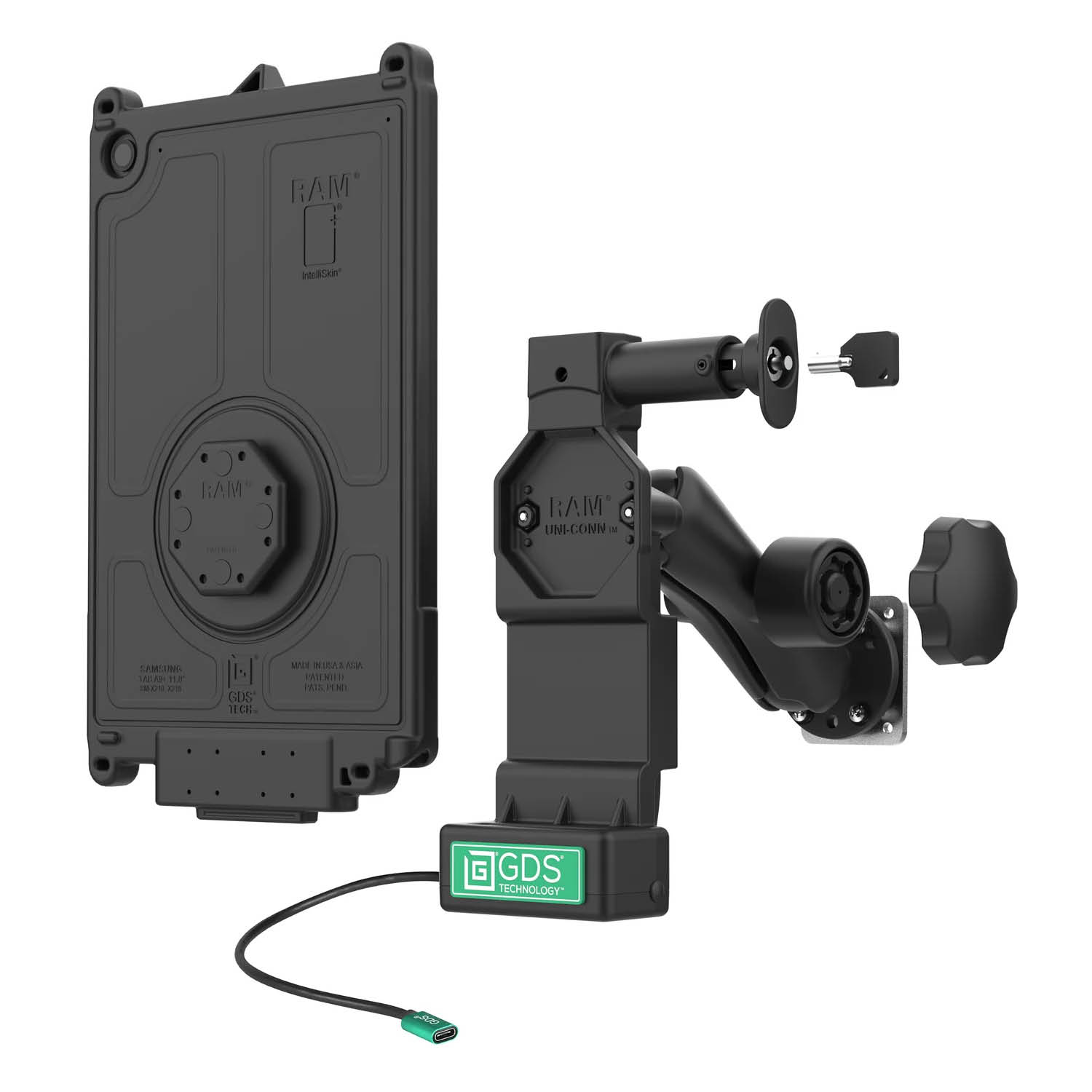 RAM Mounts GDS Uni-Conn™ Fahrzeug-Ladestation (abschließbar) für Samsung Tab A11+ in IntelliSkin Schutzhülle - C-Kugel (1,5 Zoll) - USB-C Anschluss