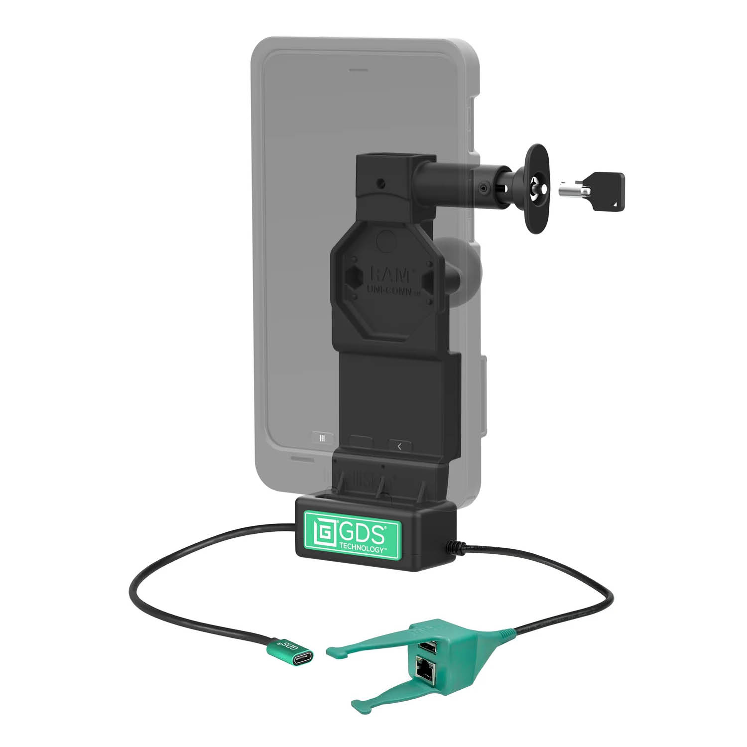 RAM Mounts GDS Uni-Conn Ladedock (Schlüsselverriegelung) mit Entriegelungsknopf - 2-Loch AMPS - USB-C & USB-A/RJ45-Anschluss - Schrauben-Set