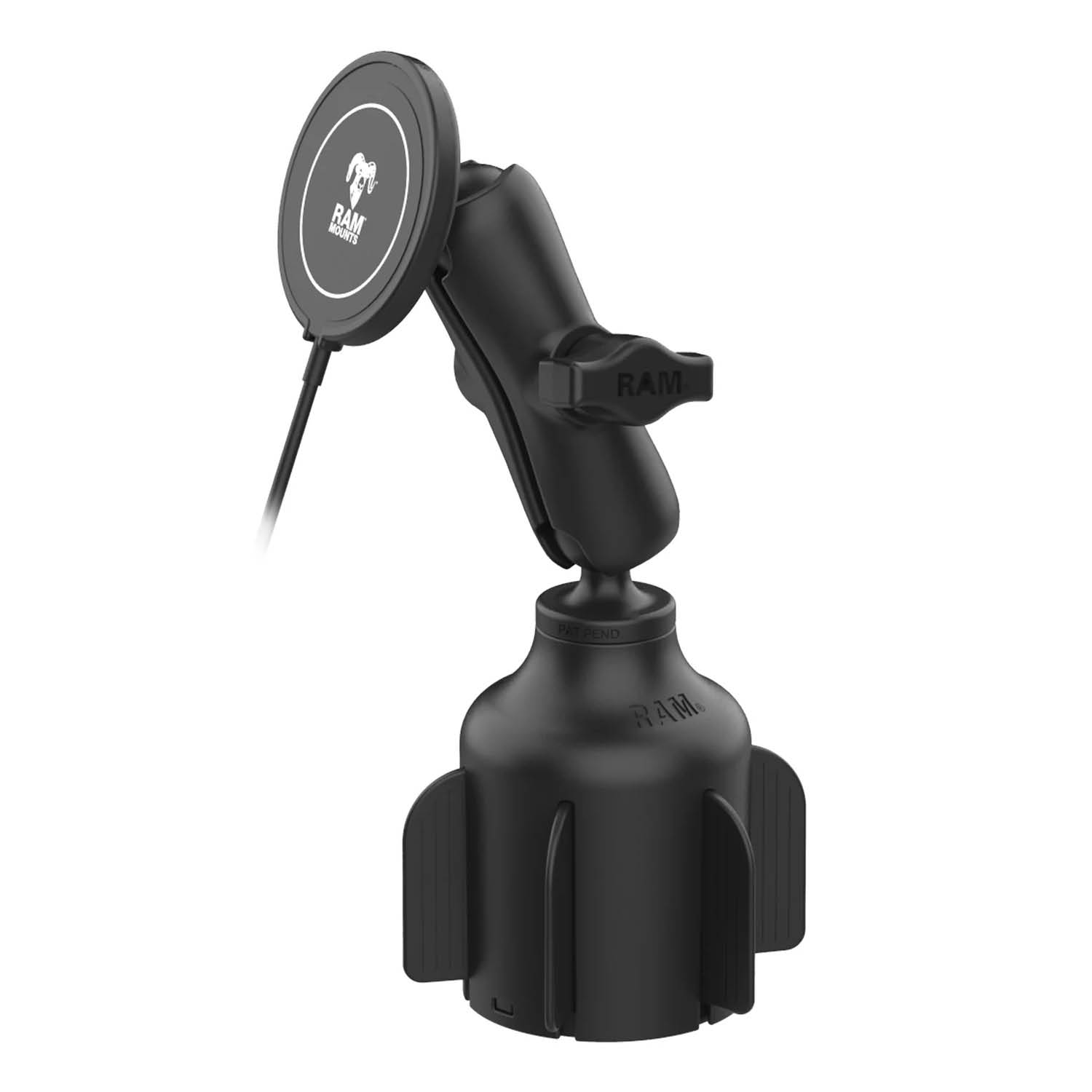 RAM Mounts Fahrzeug-Halterung inkl. Qi2 15W Wireless Charger - B-Kugel (1 Zoll), Basis für Getränkehalter, mittlerer Verbindungsarm