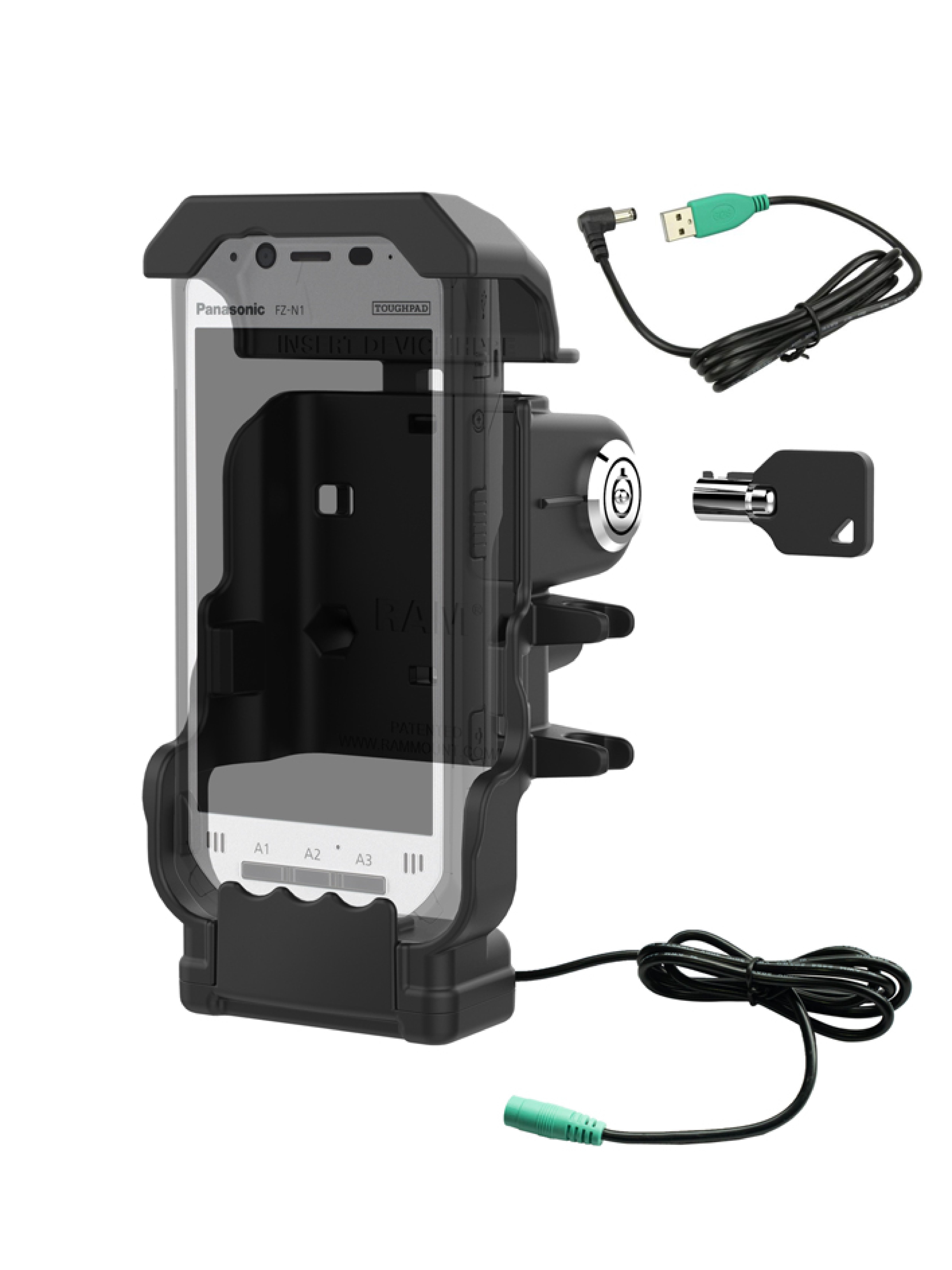 RAM Mounts Halteschale mit Stromversorgung für Panasonic Toughbook FZ-N1 / FZ-F1 - abschließbar (Schlüssel), AMPS 2-Loch-Aufnahme