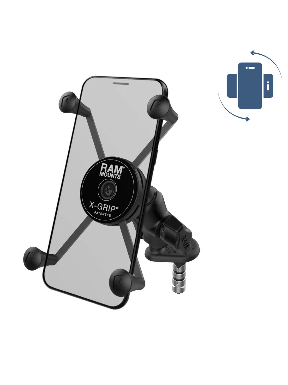 RAM Mounts X-Grip Motorrad-Halterung für Smartphones bis 114,3 mm Breite mit Rotation - B-Kugel (1 Zoll), Lenkerkopf-Basis (12-18 mm), kurzer Verbindungsarm