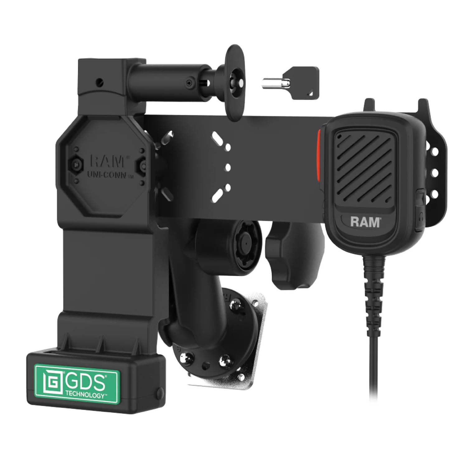 RAM Mounts GDS® Uni-Conn™ Fahrzeughalterung (abschließbar) inkl. PTT Mikrofon mit Lautsprecher für Kodiak - C-Kugel (1,5 Zoll), 4-Loch AMPS