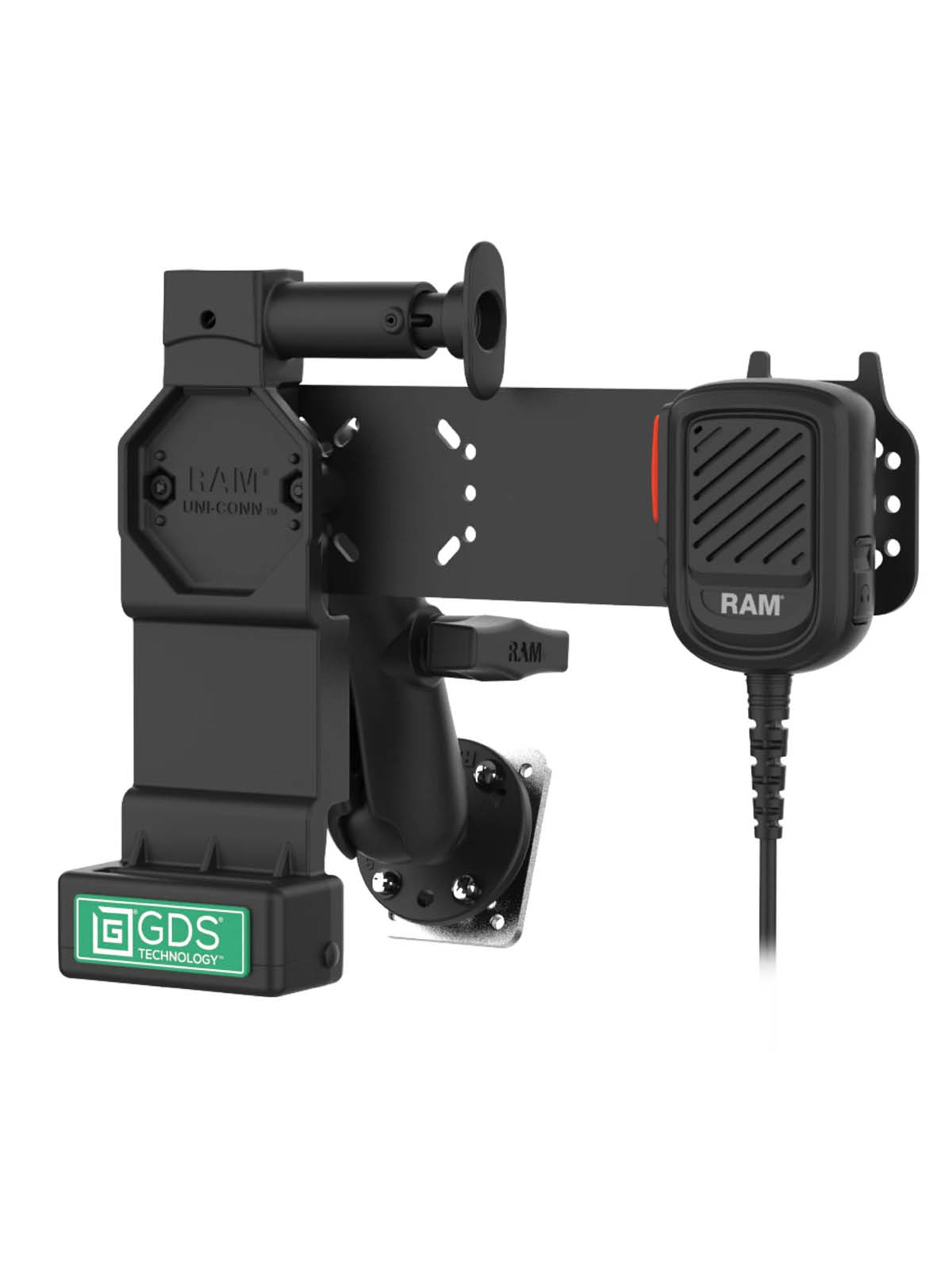 RAM Mounts GDS® Uni-Conn™ Fahrzeughalterung inkl. PTT Mikrofon mit Lautsprecher für Zello - C-Kugel (1,5 Zoll), 4-Loch AMPS