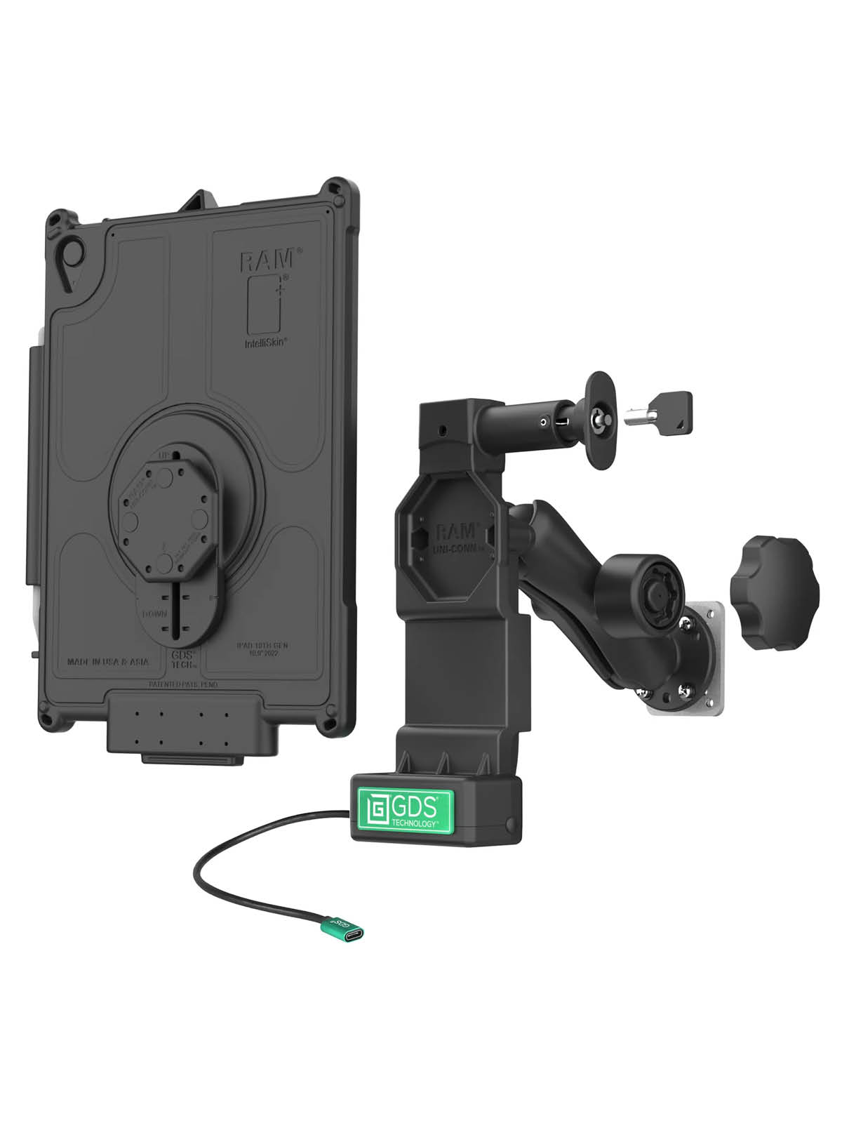 RAM Mounts GDS Uni-Conn Fahrzeug-Ladestation (abschließbar) für Apple iPad 10./11. Gen. - C-Kugel (1,5 Zoll), Stahl-Verstärkungsplatte (53,34 x 66,04 mm), USB-C-Anschluss, 4-Loch AMPS