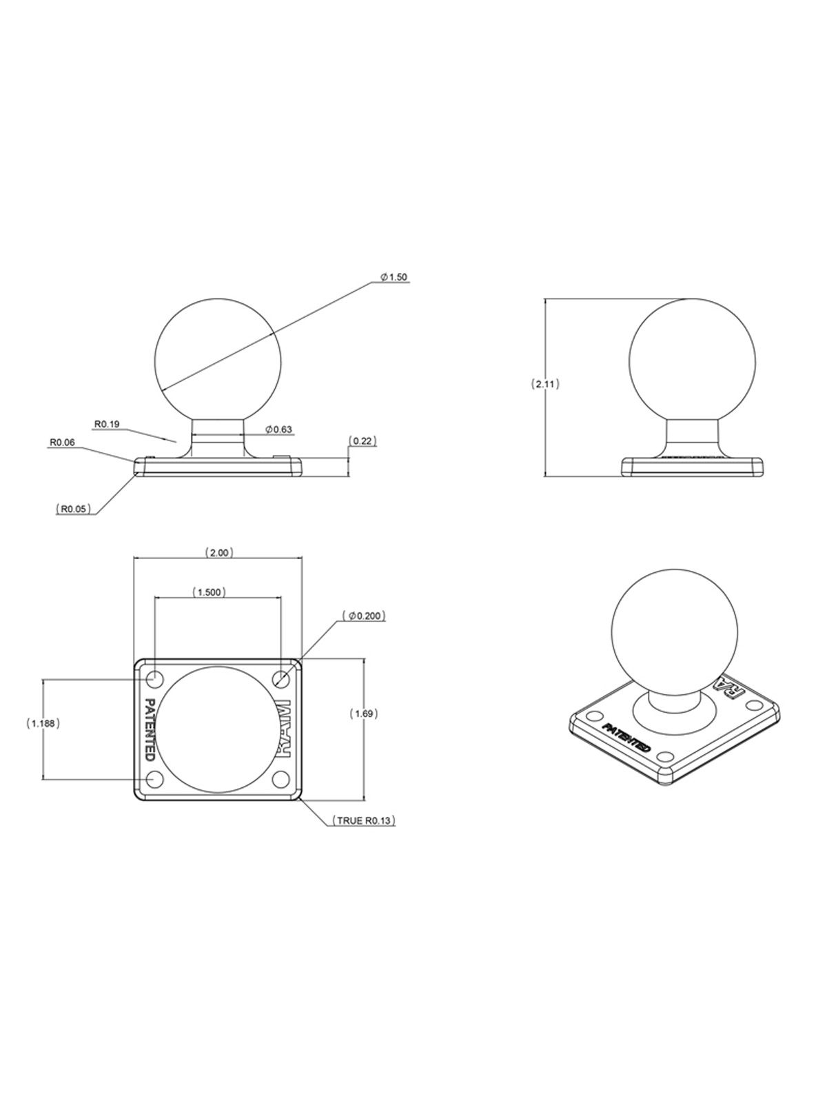 RAM Mounts rechteckige Basisplatte (AMPS) - C-Kugel (1,5 Zoll), im Polybeutel