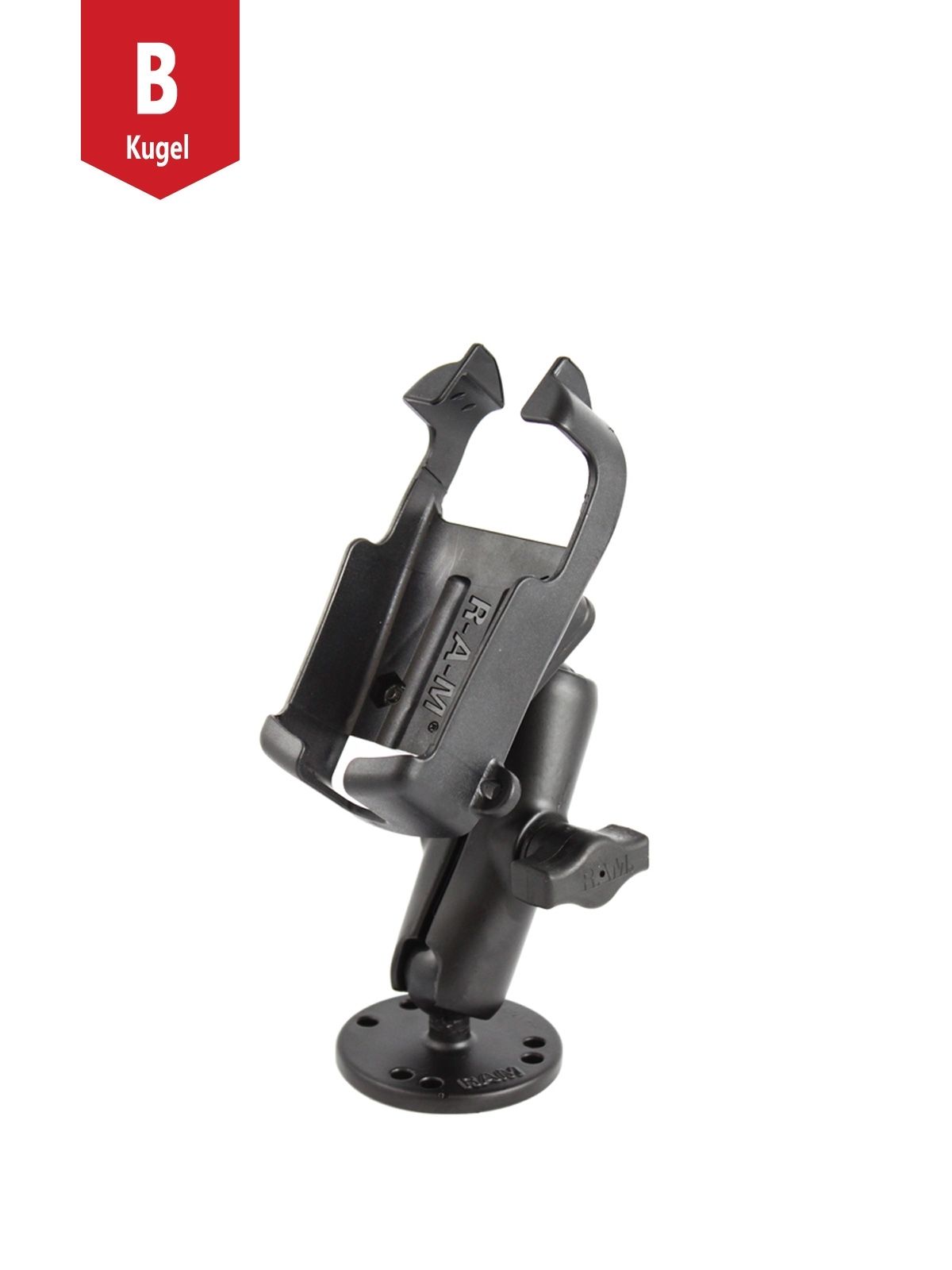 RAM Mounts Aufbau-Halterung Garmin eTrex Serie (s/w) - B-Kugel (1 Zoll), runde Basisplatte (AMPS), mittlerer Verbindungsarm