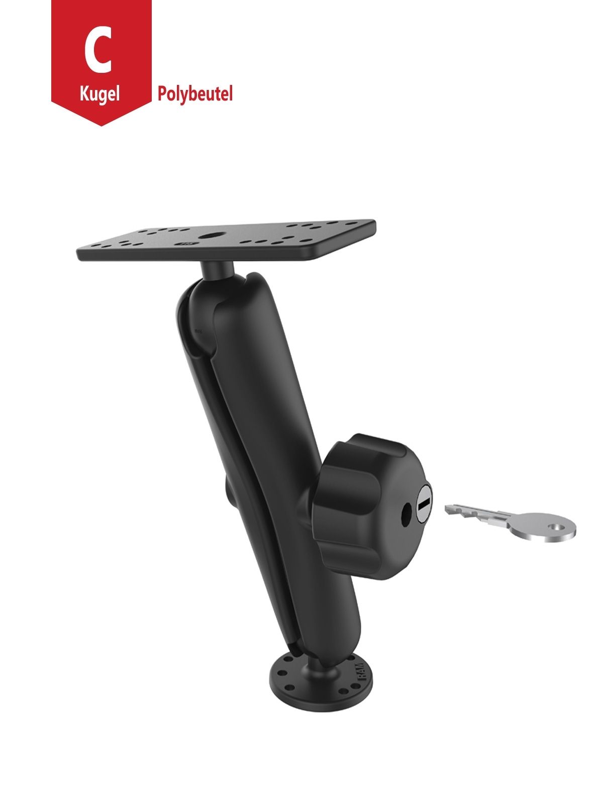 RAM Mounts Aufbau-Set (lang), abschließbar - runde Basisplatte (AMPS), langer Verbindungsarm mit Sicherungsschloß, Adapterplatte (div. Lochraster), C-Kugel (1,5 Zoll)