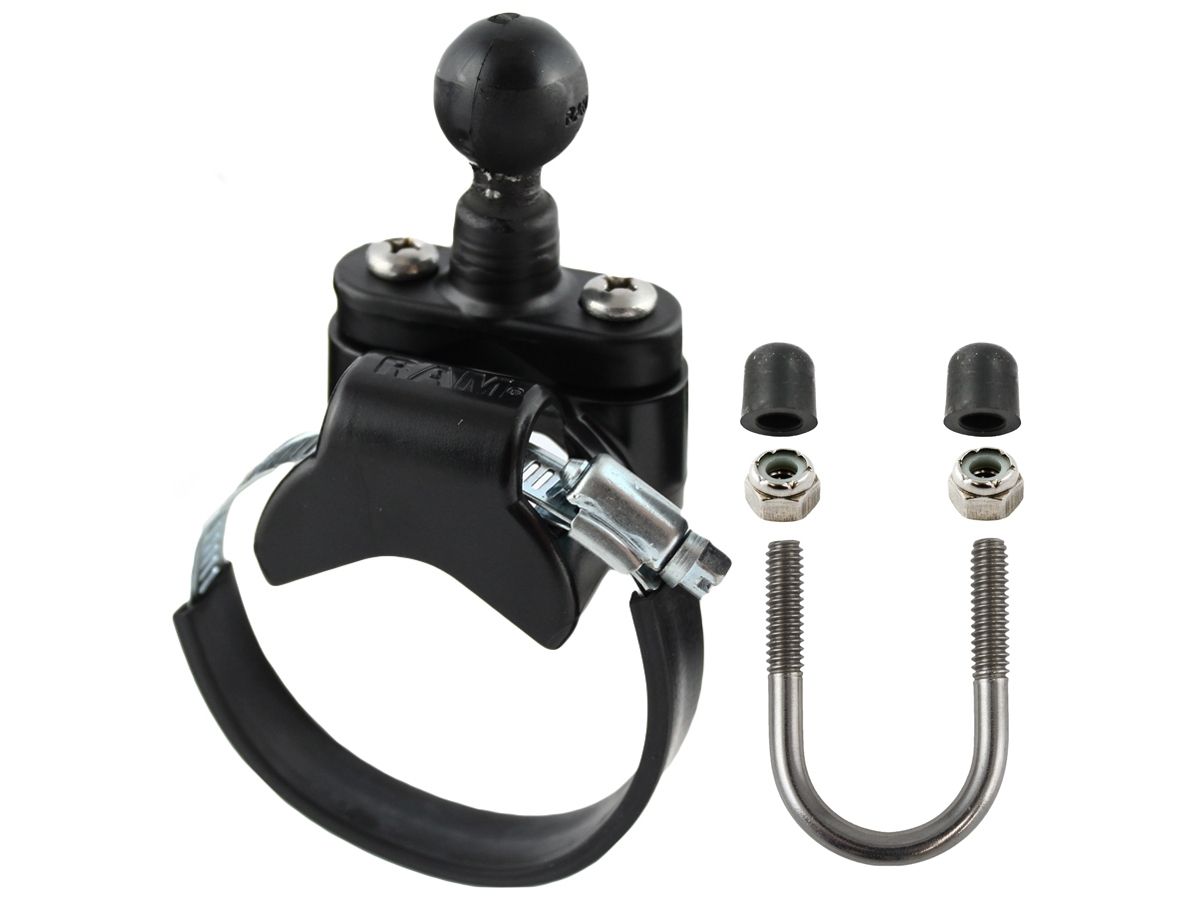 RAM Mounts V-Basis mit Rohrschelle - B-Kugel (1 Zoll), Durchmesser 12,7-25,4 mm (U-Bügel) / 39,9-80,0 mm (Schelle), Durchmesserverkleinerer