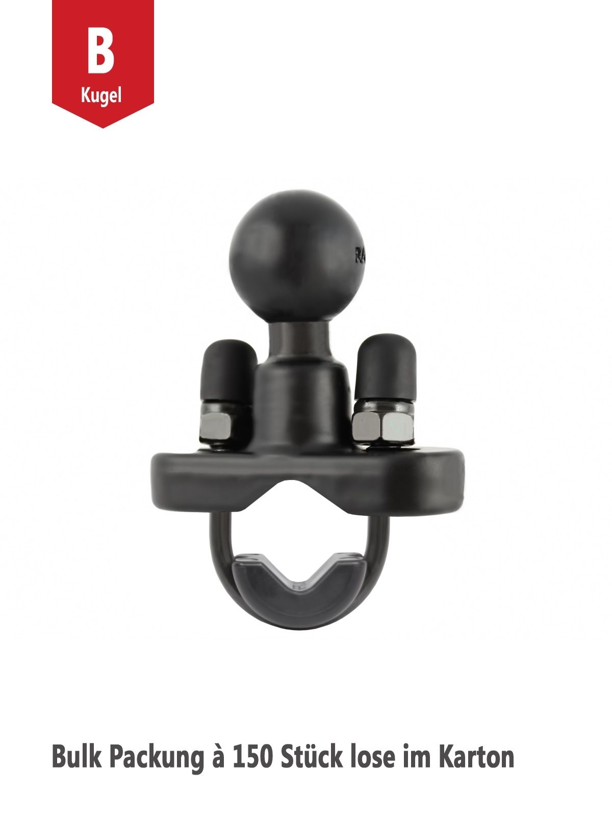 RAM Mounts Klemmschelle (Rohre/Lenkerstangen) mit B-Kugel (1 Zoll) - verzinkte U-Bügel, Durchmesser-Verkleinerer, Bulk Packung à 150 Stück (lose im Karton)