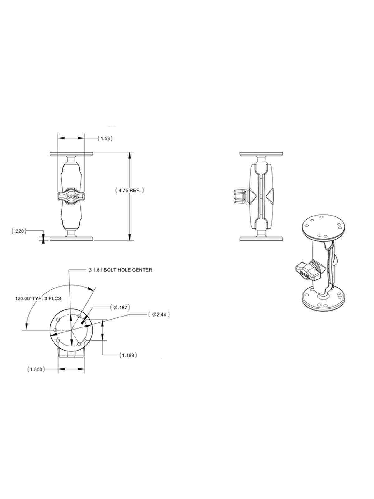 RAM Mounts Marine-Set Garmin 250C Fish-Finder - B-Kugel (1 Zoll), 2x runde Basisplatten (AMPS), mittlerer Verbindungsarm, Schrauben-Set