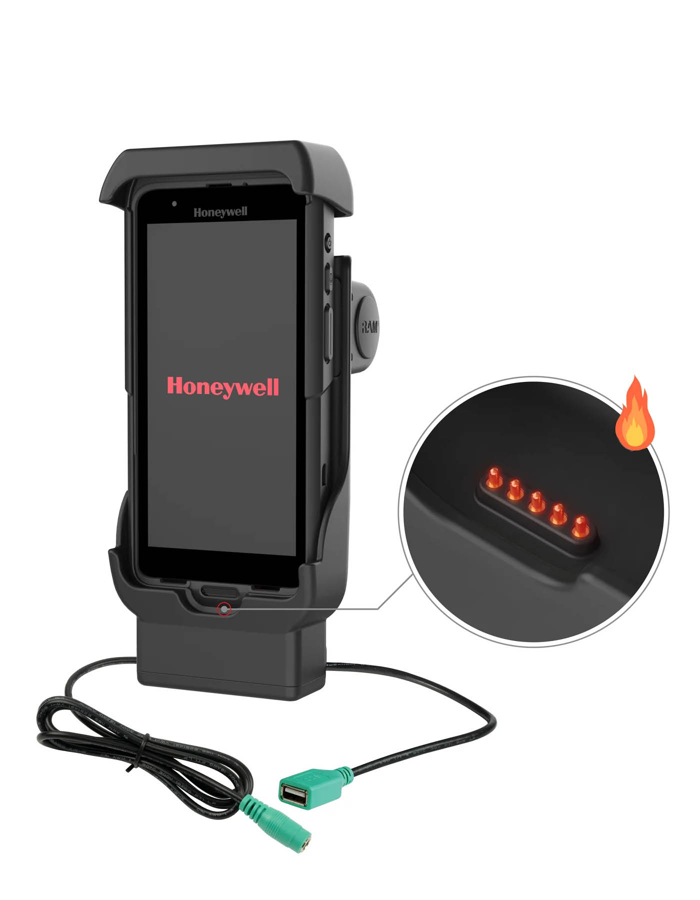 RAM Mounts Form-Fit Halteschale für Honeywell CT40, CT45 & CT47 - Mit und Ohne OEM-Schutzhülle - Beheizte Pogo-Pins - 5.5mm DC & USB-A-Anschluss