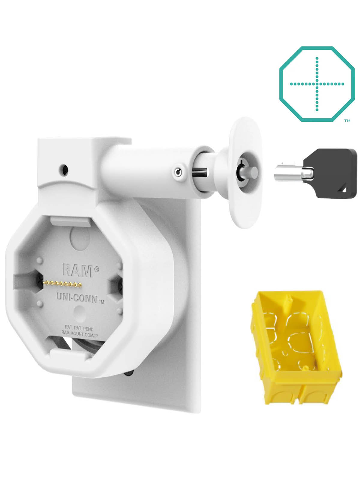 RAM Mounts GDS Uni-Conn Snap-In Wand-Ladestation mit PoE - Abschließbar - Rückseitige Pogo-Pads - JST-Stecker - hellgrau