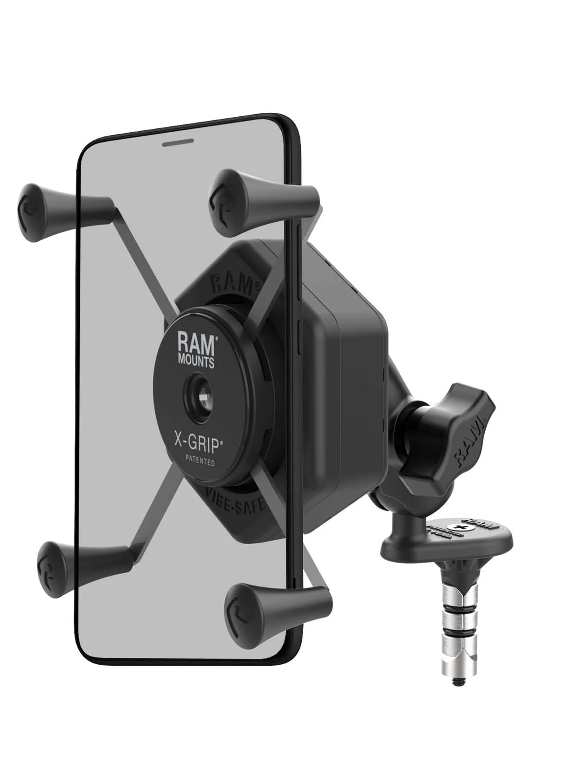 RAM Mounts X-Grip Motorrad-Halterung für Smartphones bis 114,3 mm Breite mit Vibe-Safe Adapter - B-Kugel (1 Zoll), Lenkerkopf-Basis (12-18 mm), kurzer Verbindungsarm