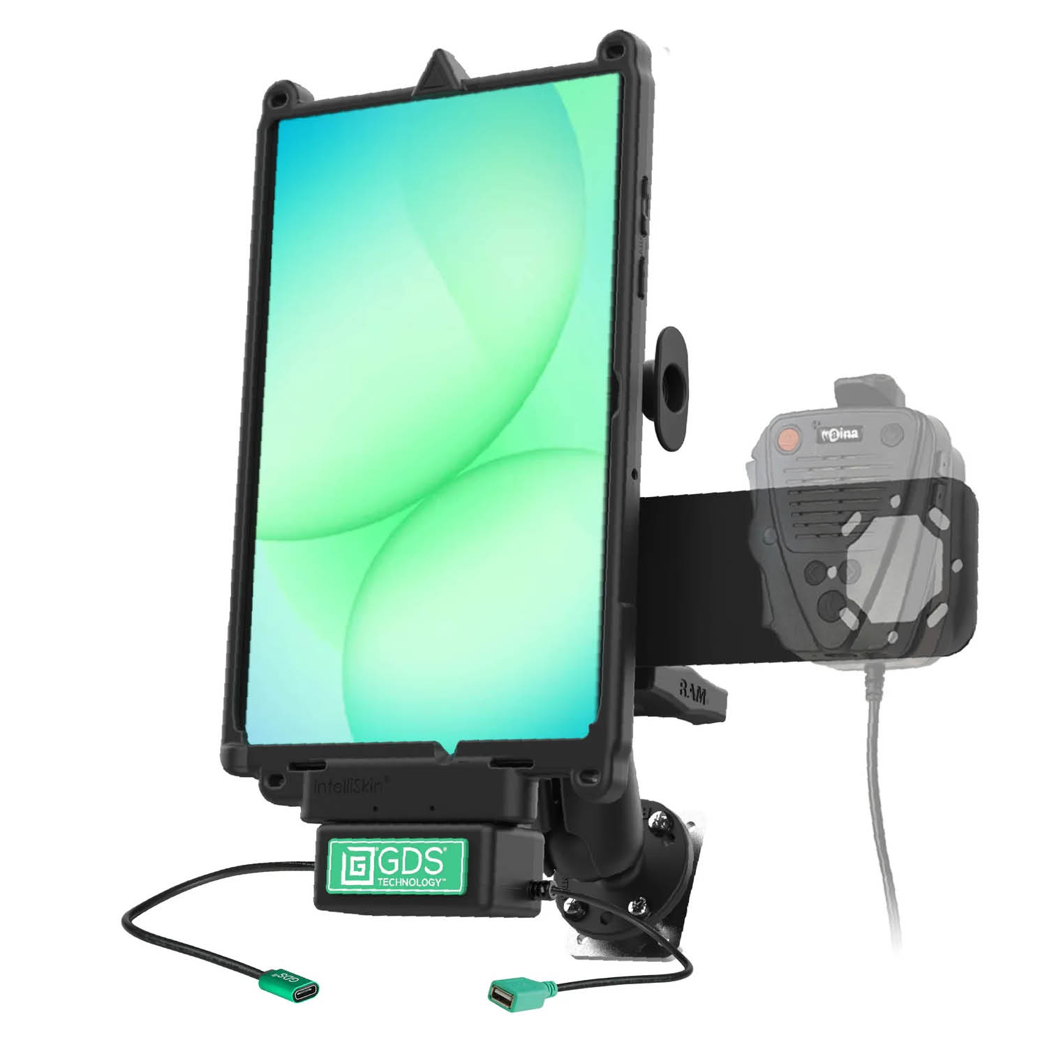 RAM Mounts GDS Uni-Conn™ Fahrzeug-Ladestation für Samsung Tab A11+ in IntelliSkin Schutzhülle - C-Kugel (1,5 Zoll) - Aufnahme für Handmikro - USB-C/-A Anschluss