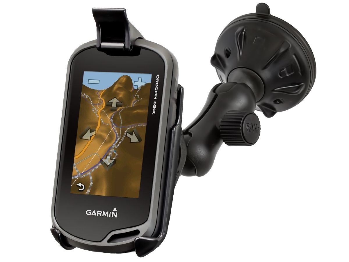 RAM Mounts Verbundstoff Saugfuss-Halterung Garmin Oregon Serie - kurzer Verbindungsarm (ca. 50 mm), Diamond-Basisplatte (Trapez), Halteschale, B-Kugel (1 Zoll)