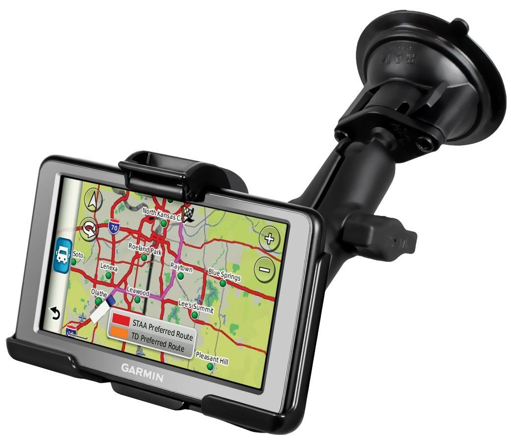RAM Mounts Saugfuss-Halterung Garmin Dezl - mittlerer Verbindungsarm, 2x Diamond-Basisplatte (Trapez), Halteschale, B-Kugel (1 Zoll), im Polybeutel