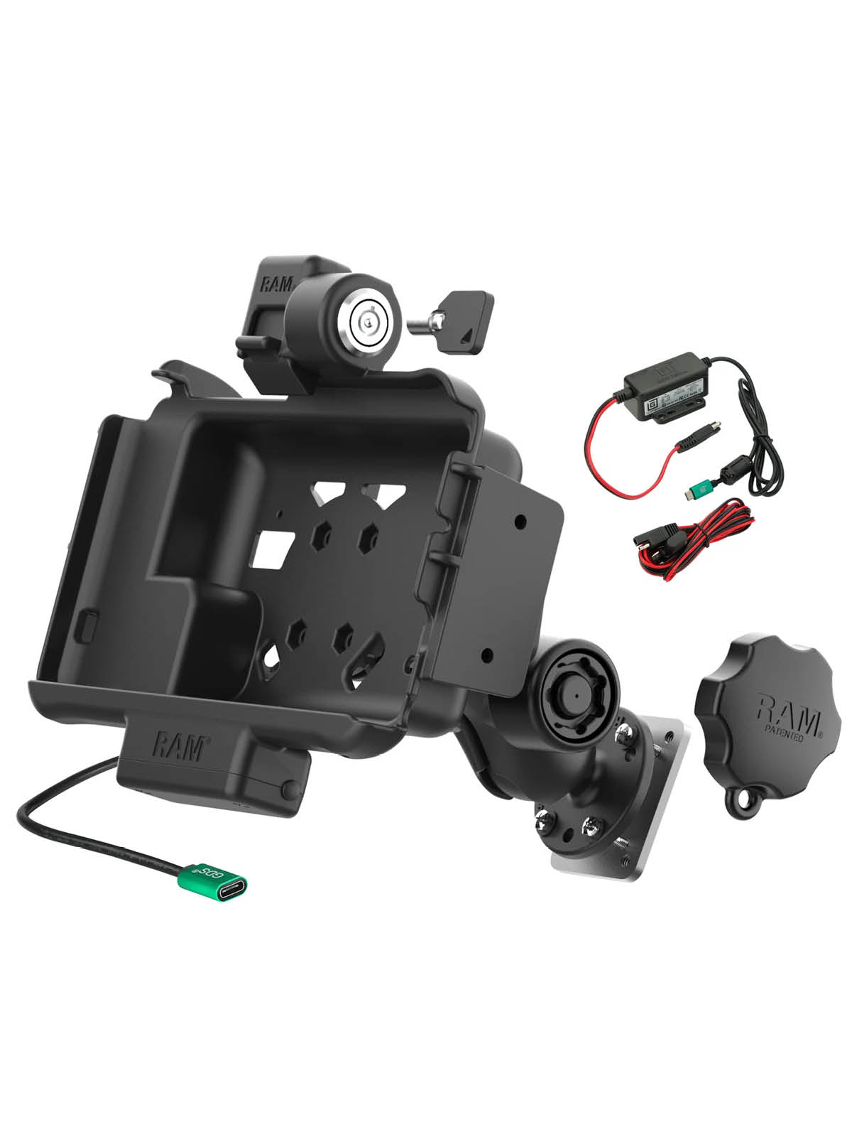 RAM Mounts Fahrzeug Modular Ladestation (Schlüsselverriegelung) für Samsung Tab Active3 & Active5 - In OEM/RAM Schutzhülle - USB-C Ausgang