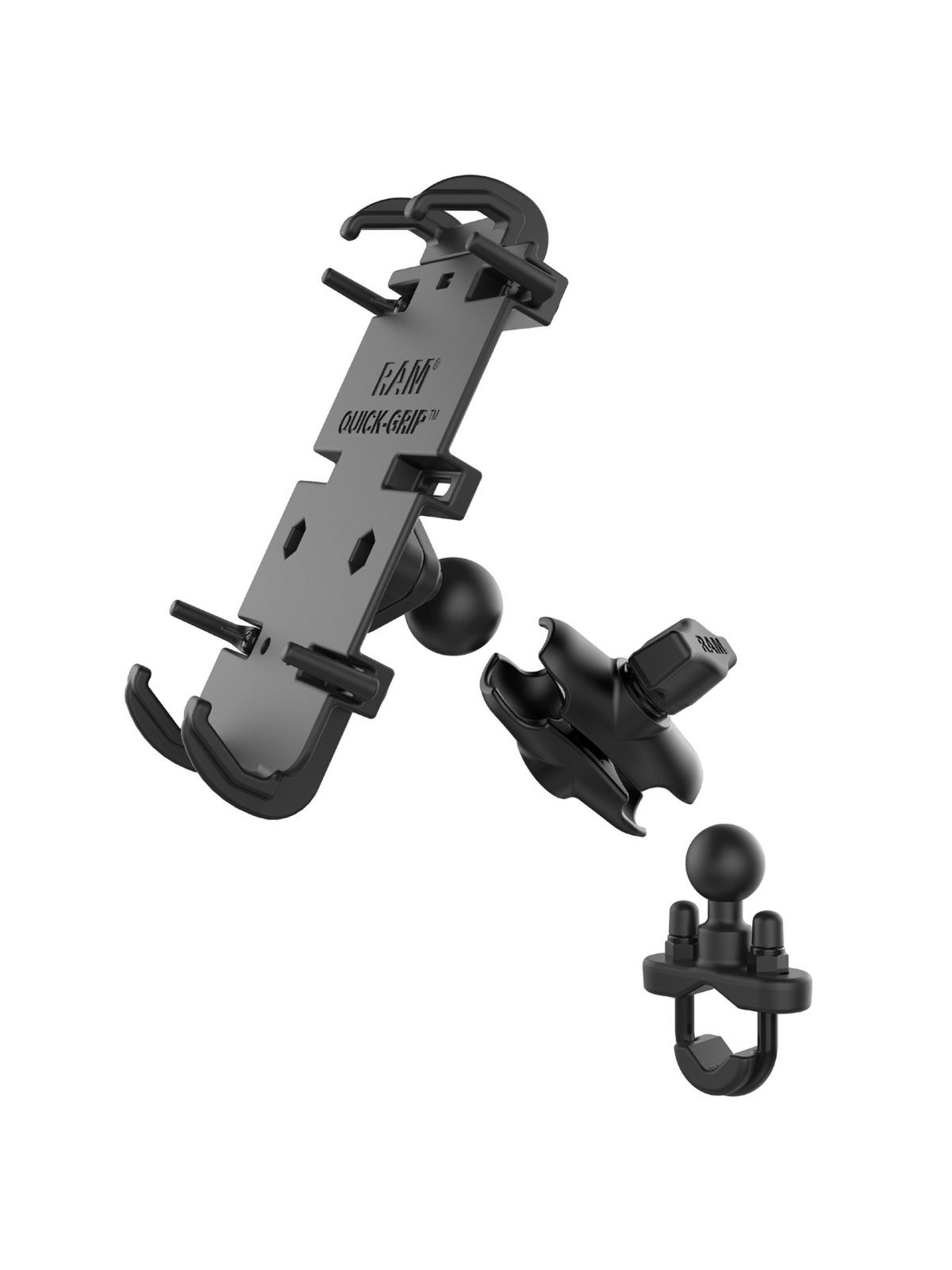 RAM Mounts Universal Lenker-/Rohr-Halterung - B-Kugel (1 Zoll), Rohr-Klemme, kurzer Verbindungsarm, Universal Quick-Grip XL Halteschale