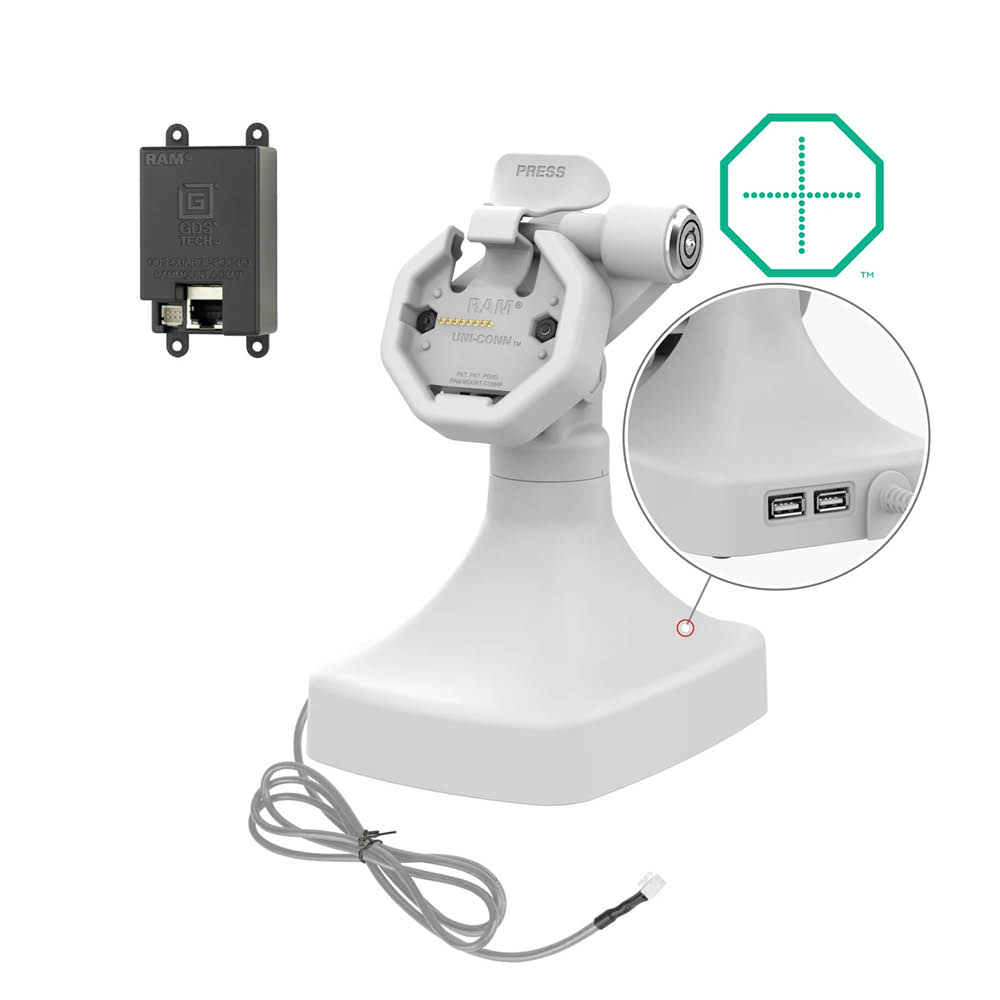 RAM Mounts GDS® Uni-Conn™ Stand-Dockingstation dreh-/schwenkbar - abschließbar, RJ45-Anschluss, 2 USB-A, Pogo Pins rückseitig, hellgrau
